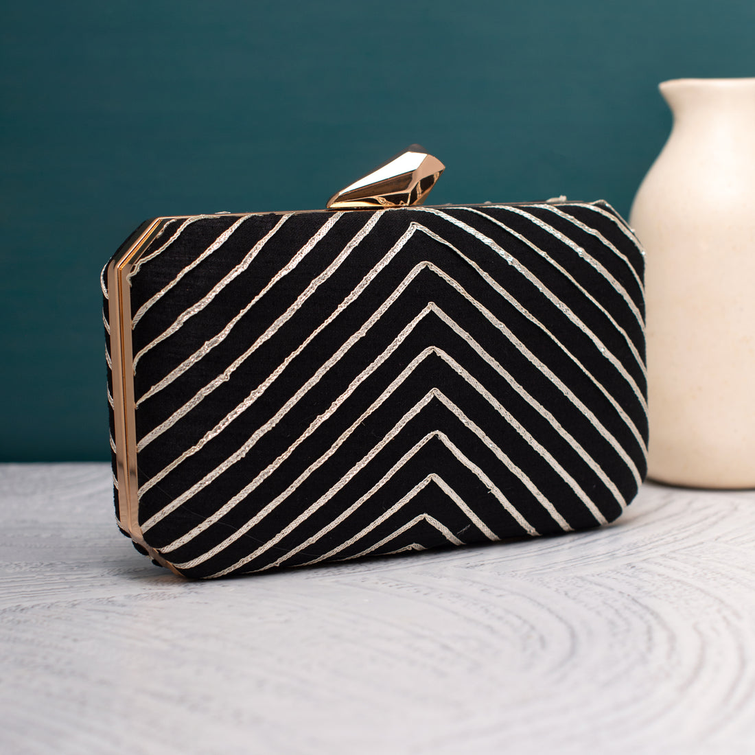 Artklim Black Gota Patti Velvet Lines Clutch