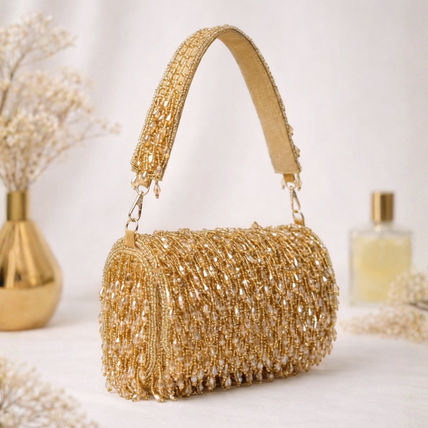 Artklim Golden Beaded Fringe Clutch