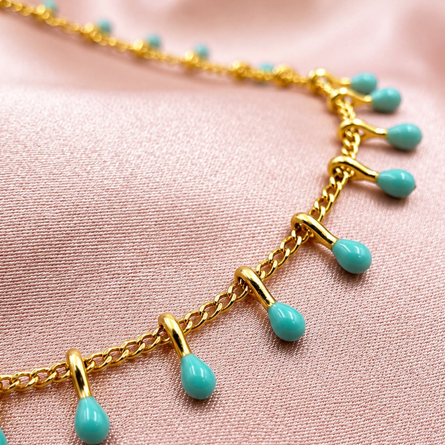 Artklim Turquoise Enamel Teardrop Charm Gold Chain Anti-Tarnish Anklet