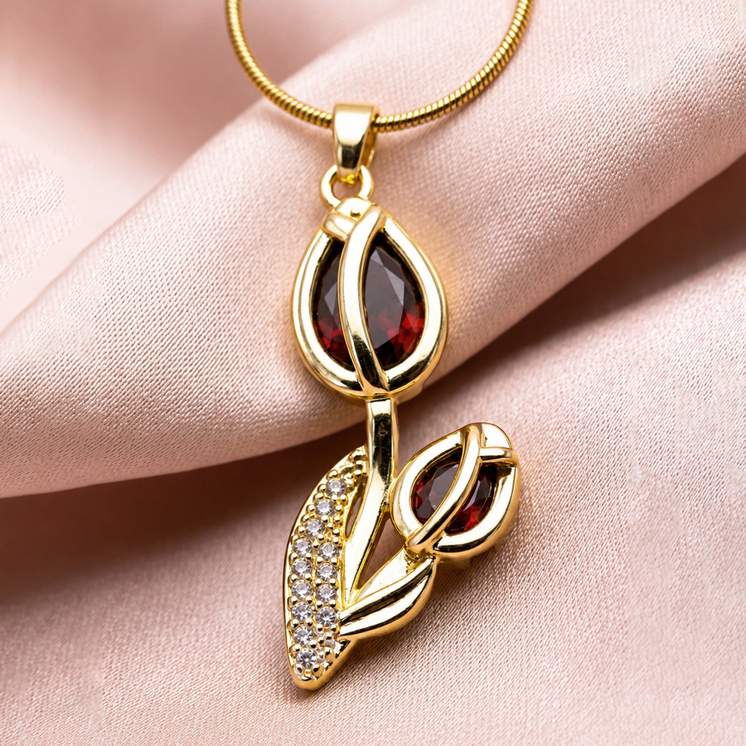 Artklim Ruby Leaf Twist Designer Anti-Tarnish Pendant Necklace