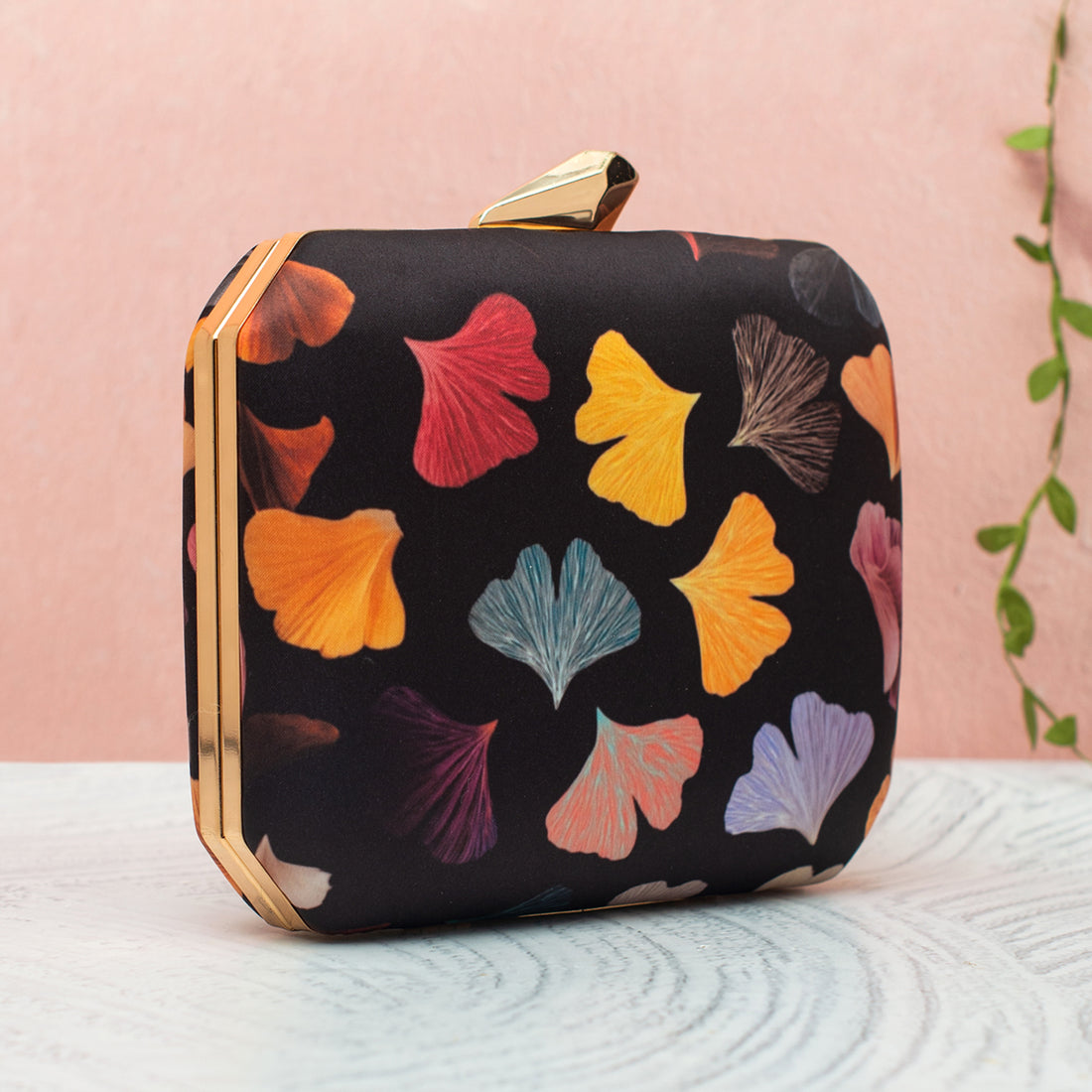 Artklim Colourful Leaf Pattern on Black Printed Clutch