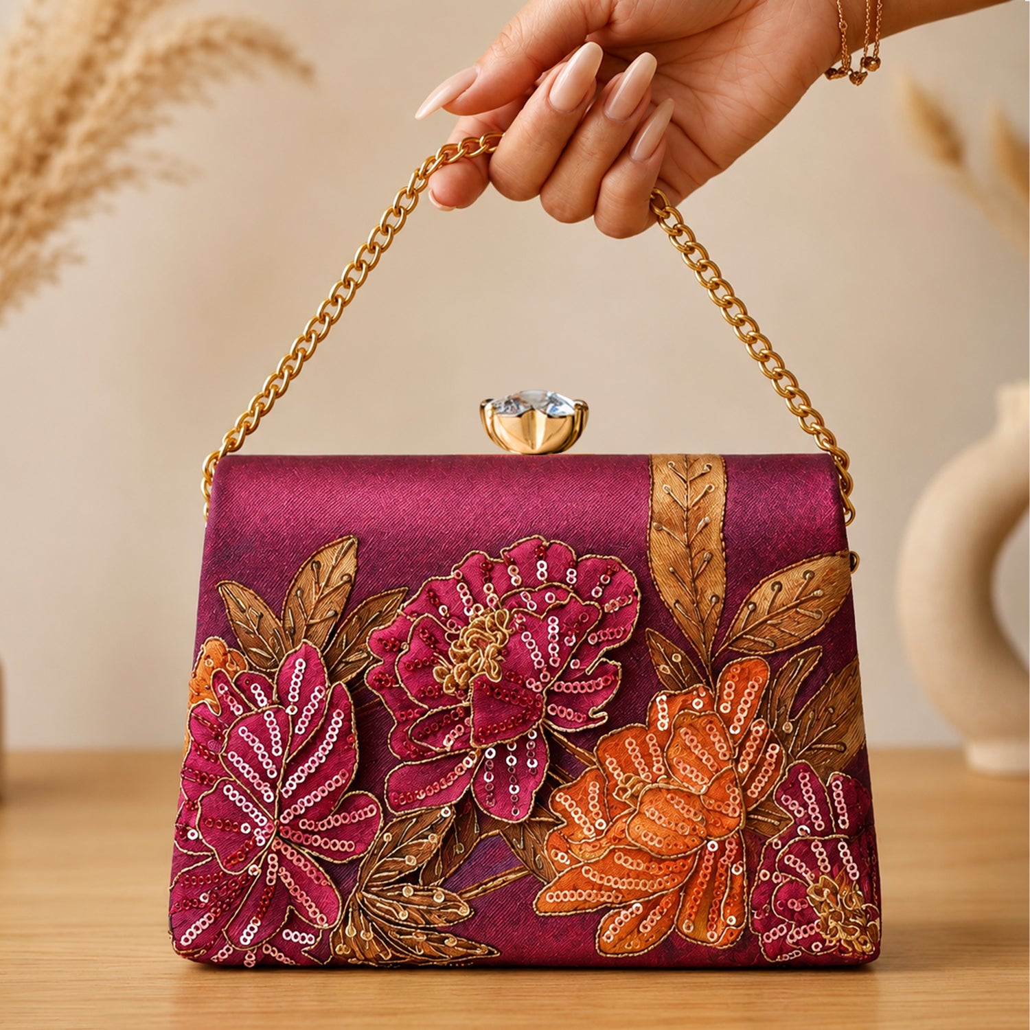 Artklim Printed Burgundy Floral Sequin Clutch with Hand Embroidery