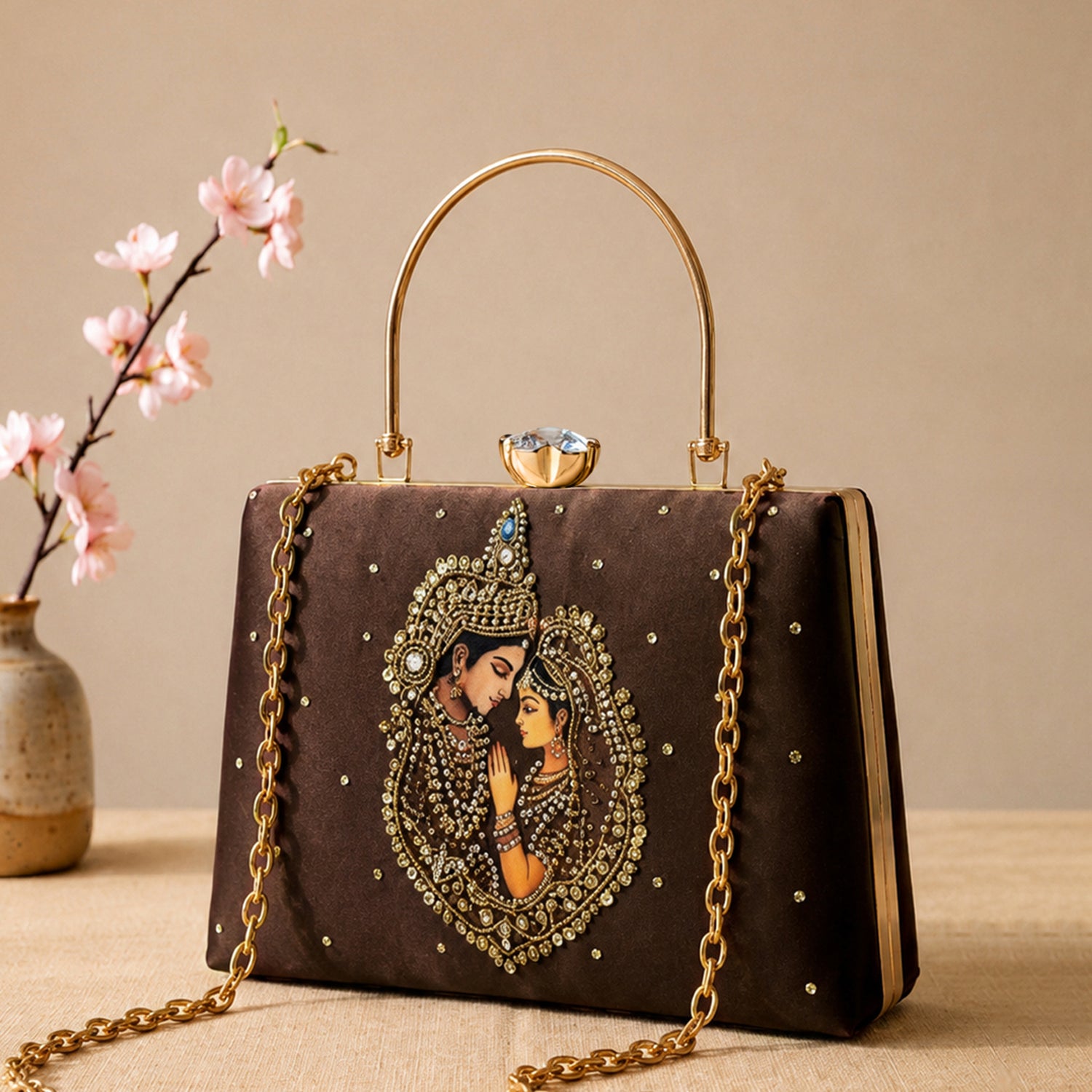 Artklim Printed Ethnic Radha Krishna Pearl Work Clutch with Hand Embroidery