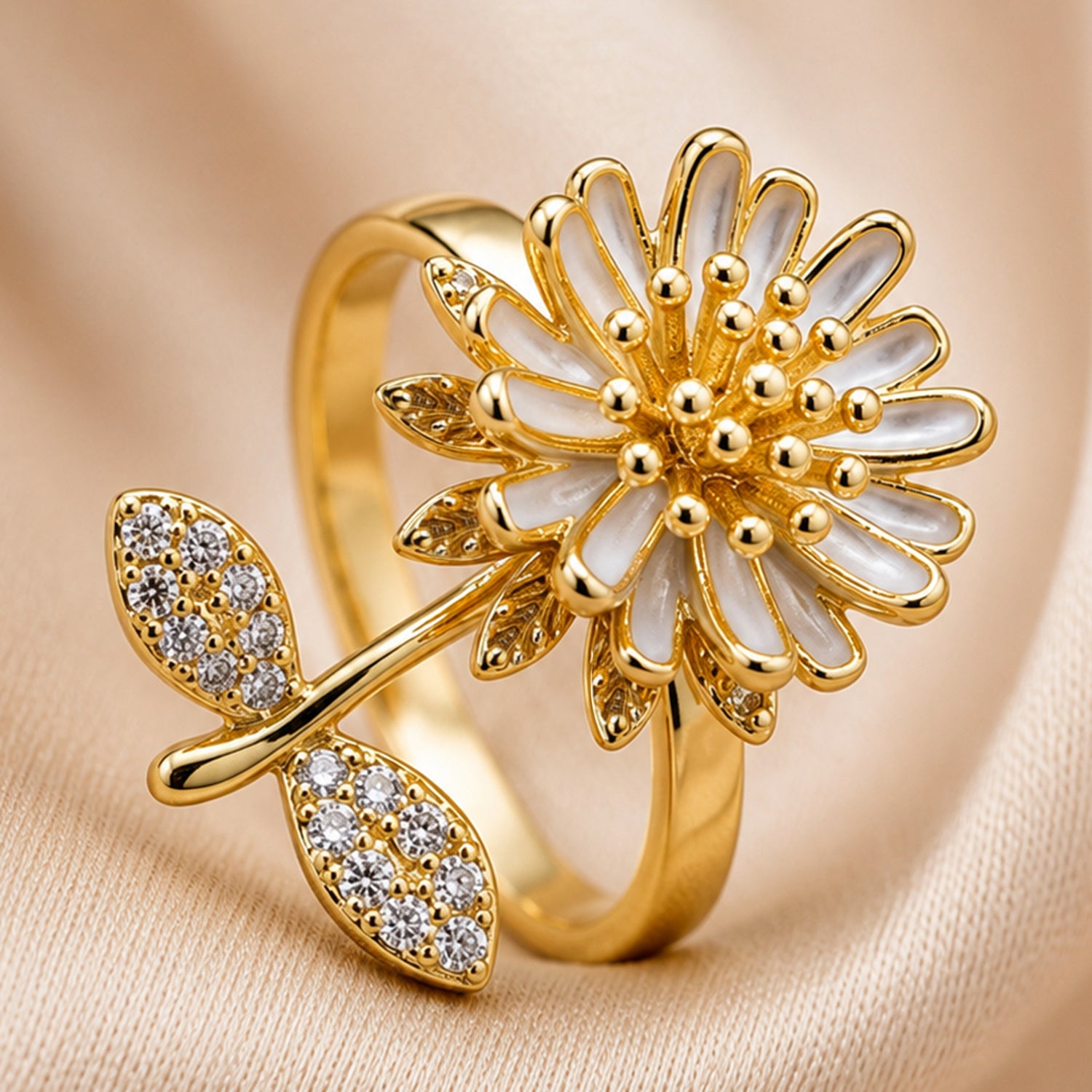 Artklim Gold Sun Daisy Revolving Flower Crystal Adjustable Anti-Tarnish Copper Ring