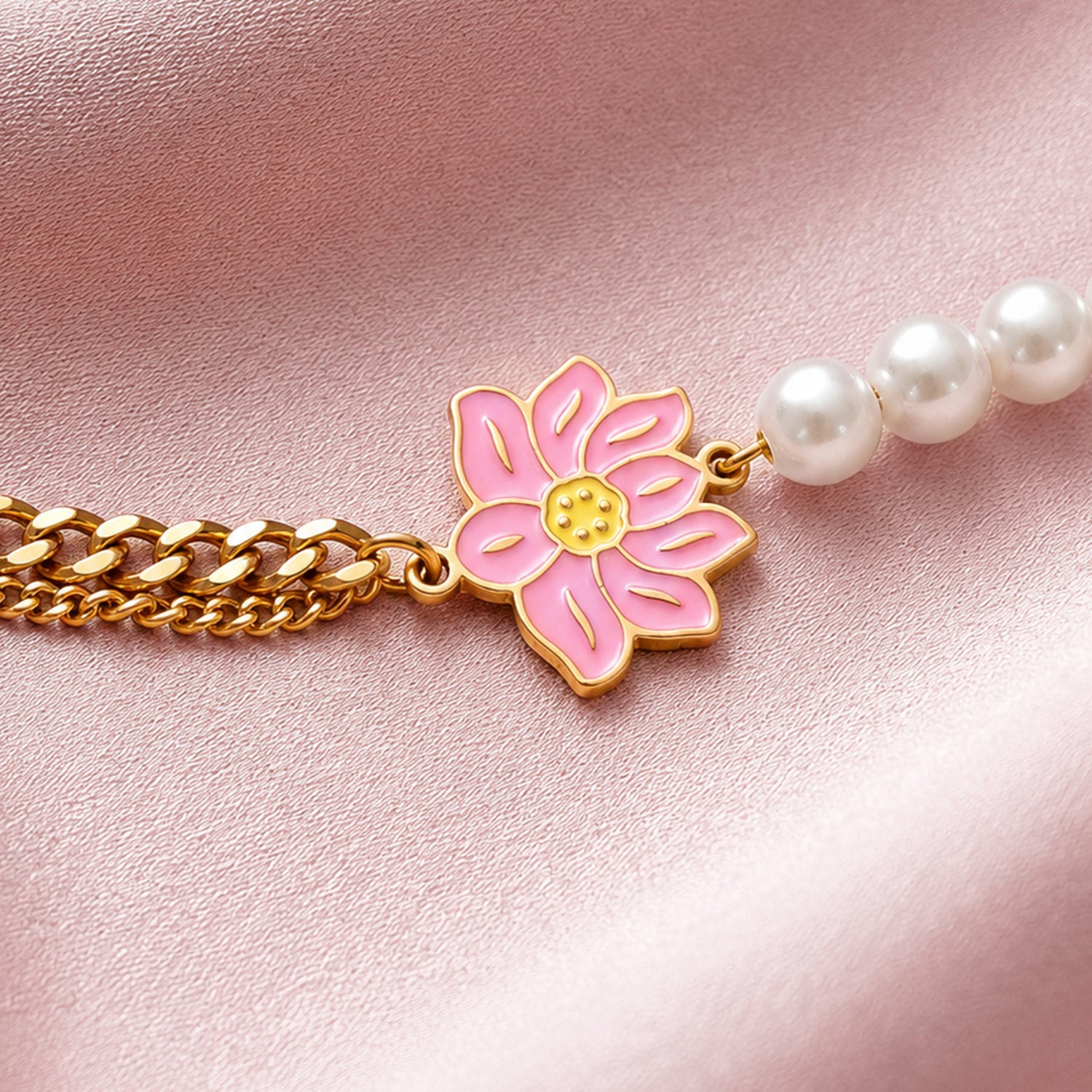 Artklim Pink Sakura Pearl Chain Gold-Tone Anti-Tarnish Bracelet