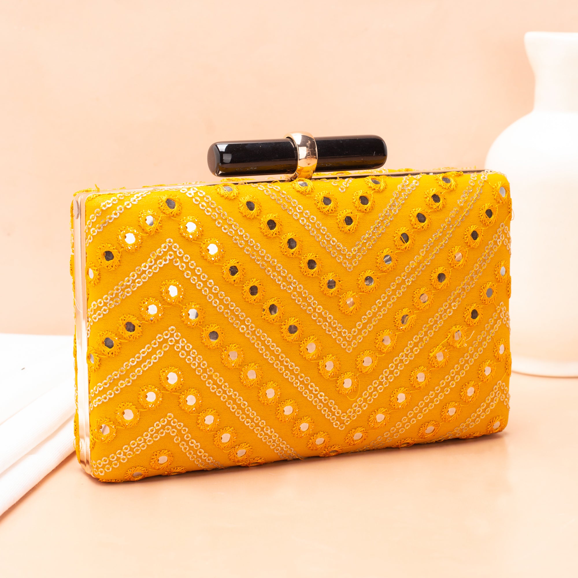 Artklim Yellow Based Sequins Embroidery Clutch