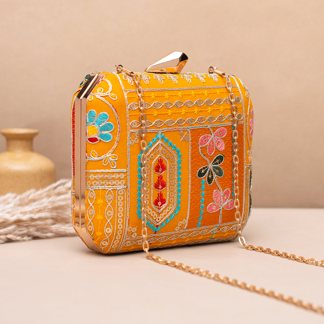 Artklim Royal Mustard Floral Embroidered Clutch