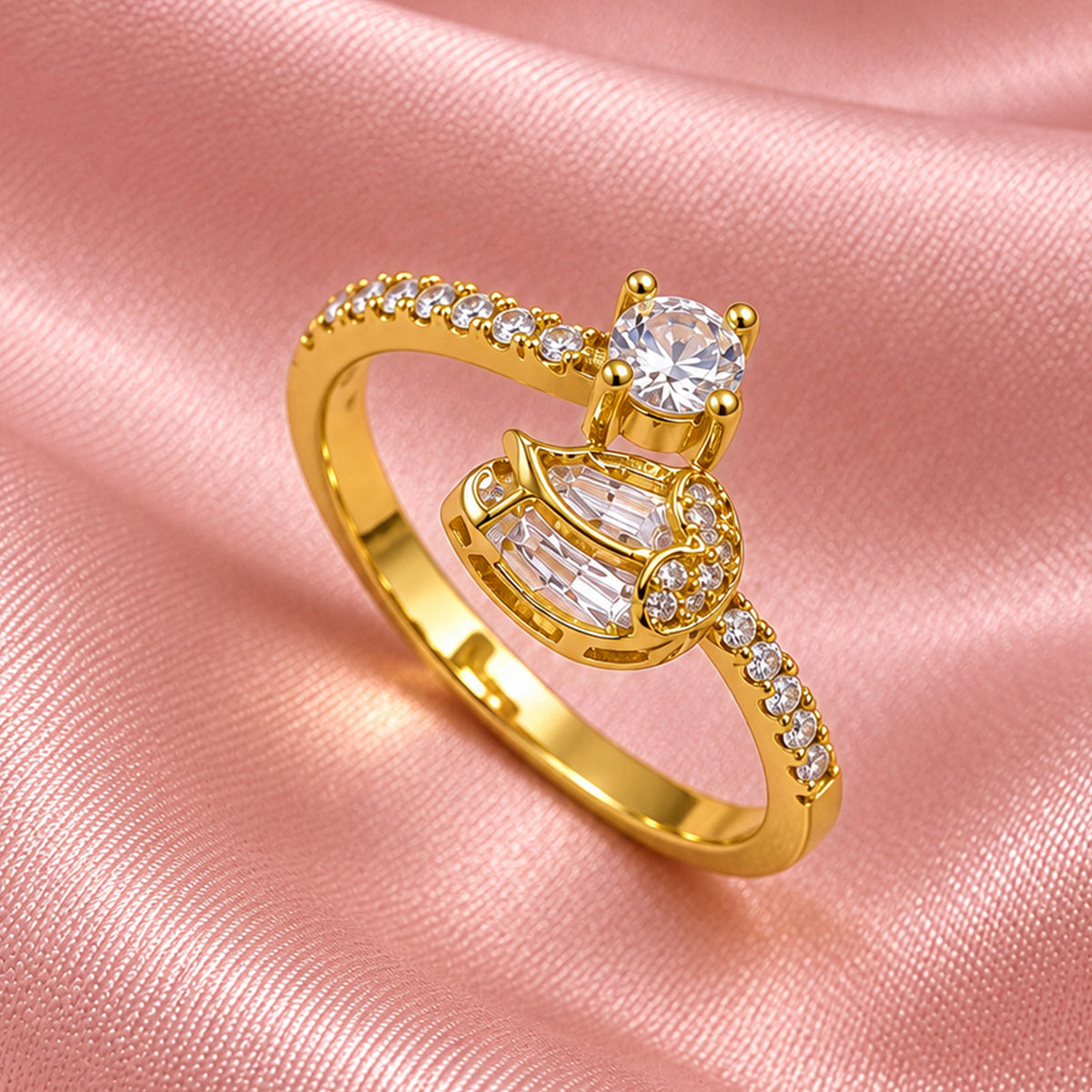 Artklim Elegant Heart Solitaire Crystal Gold-Tone Statement Anti-Tarnish Ring