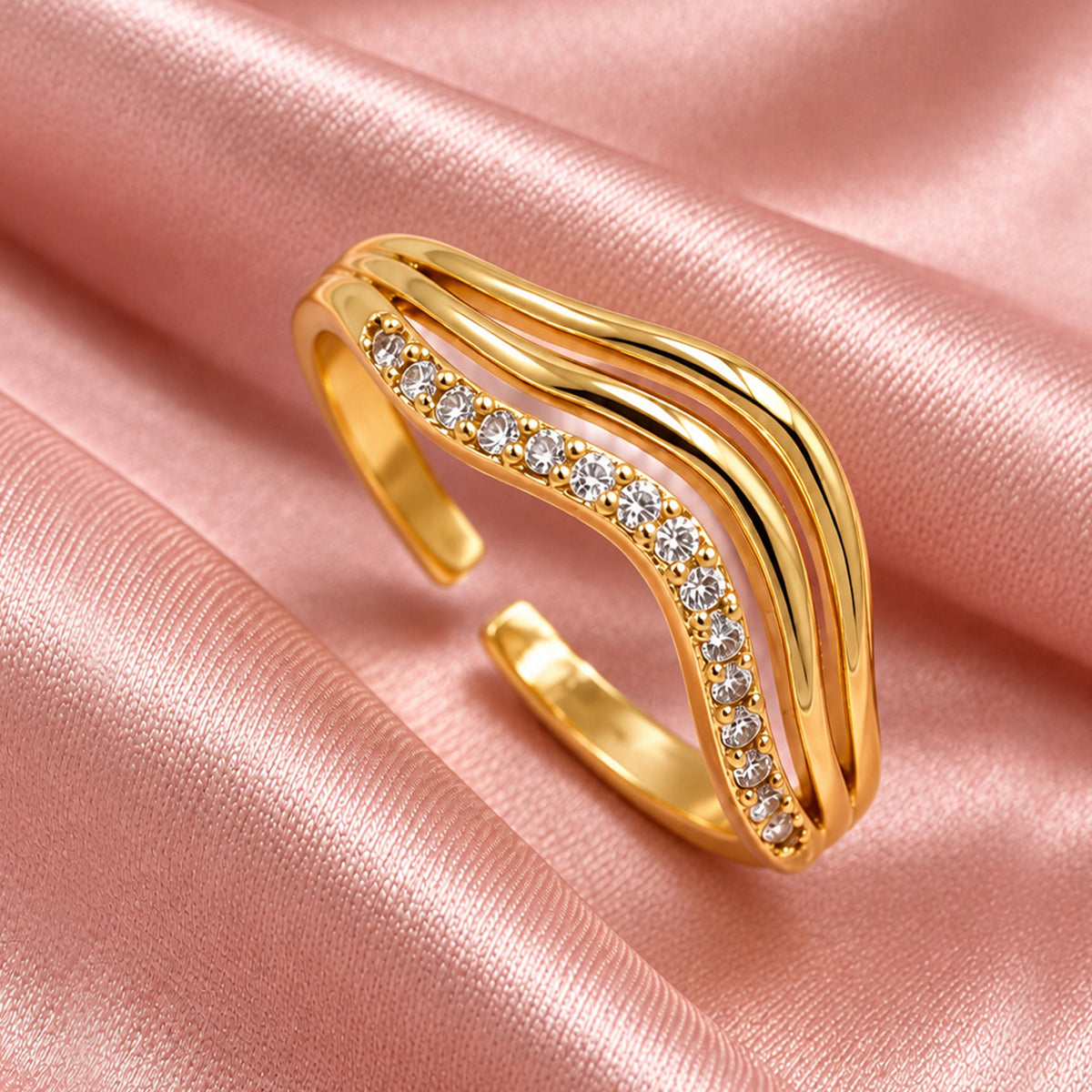 Artklim Modern Layered Wave Crystal Gold-Tone Anti-Tarnish Ring