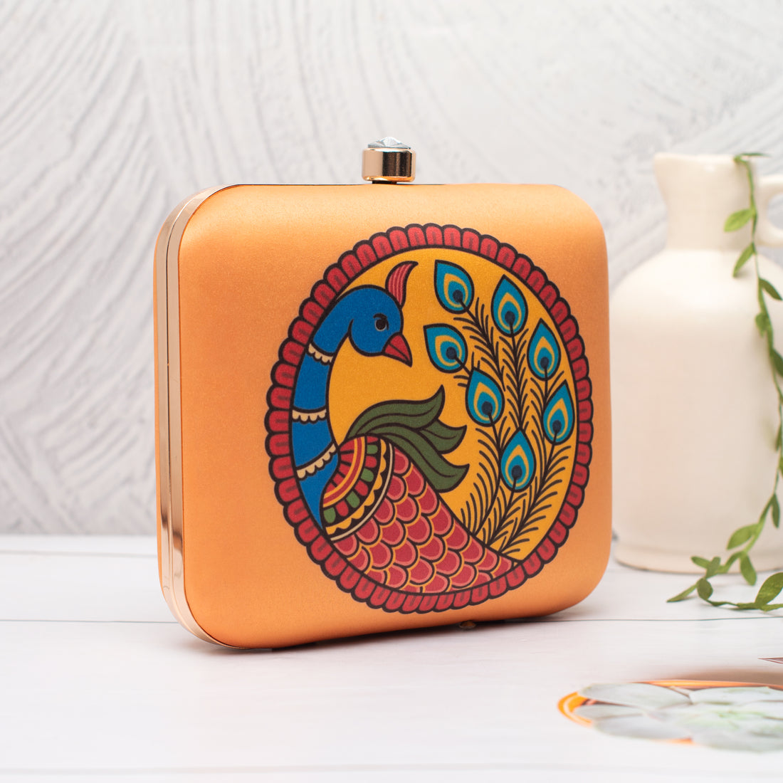 Artklim Orange with Madhubani Peacock Printed Clutch