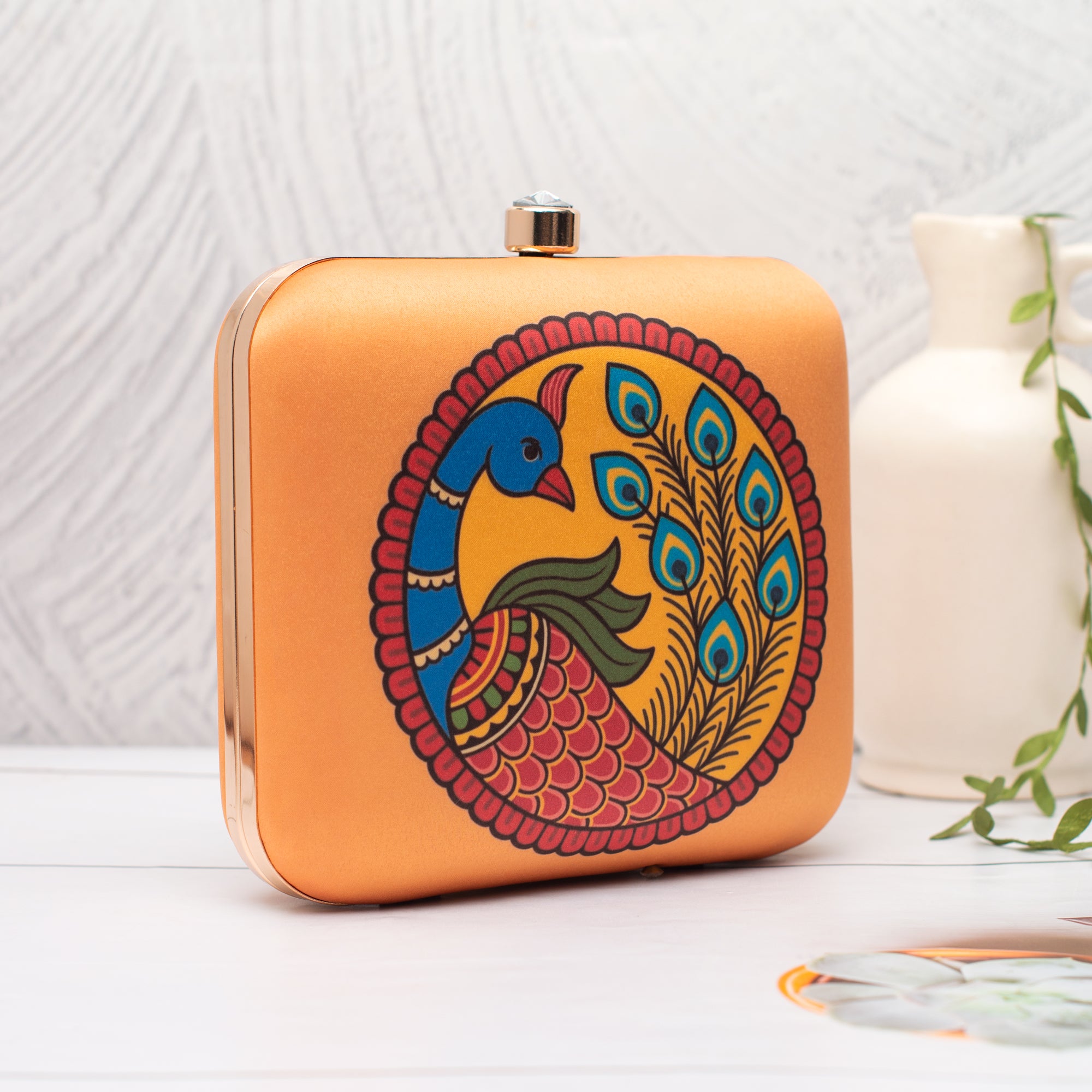 Artklim Orange with Madhubani Peacock Printed Clutch