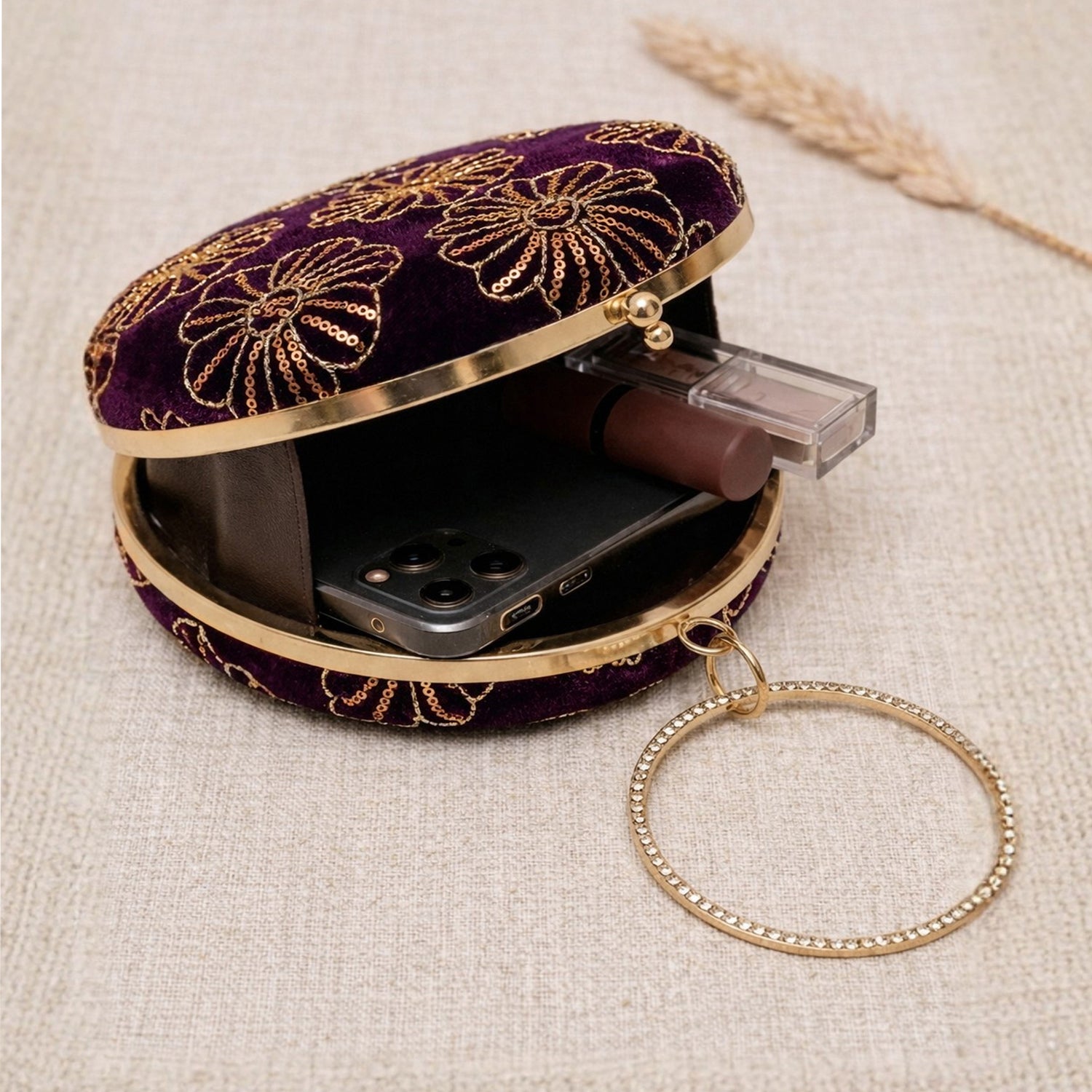Artklim Regal Plum Velvet Floral Embroidery Clutch