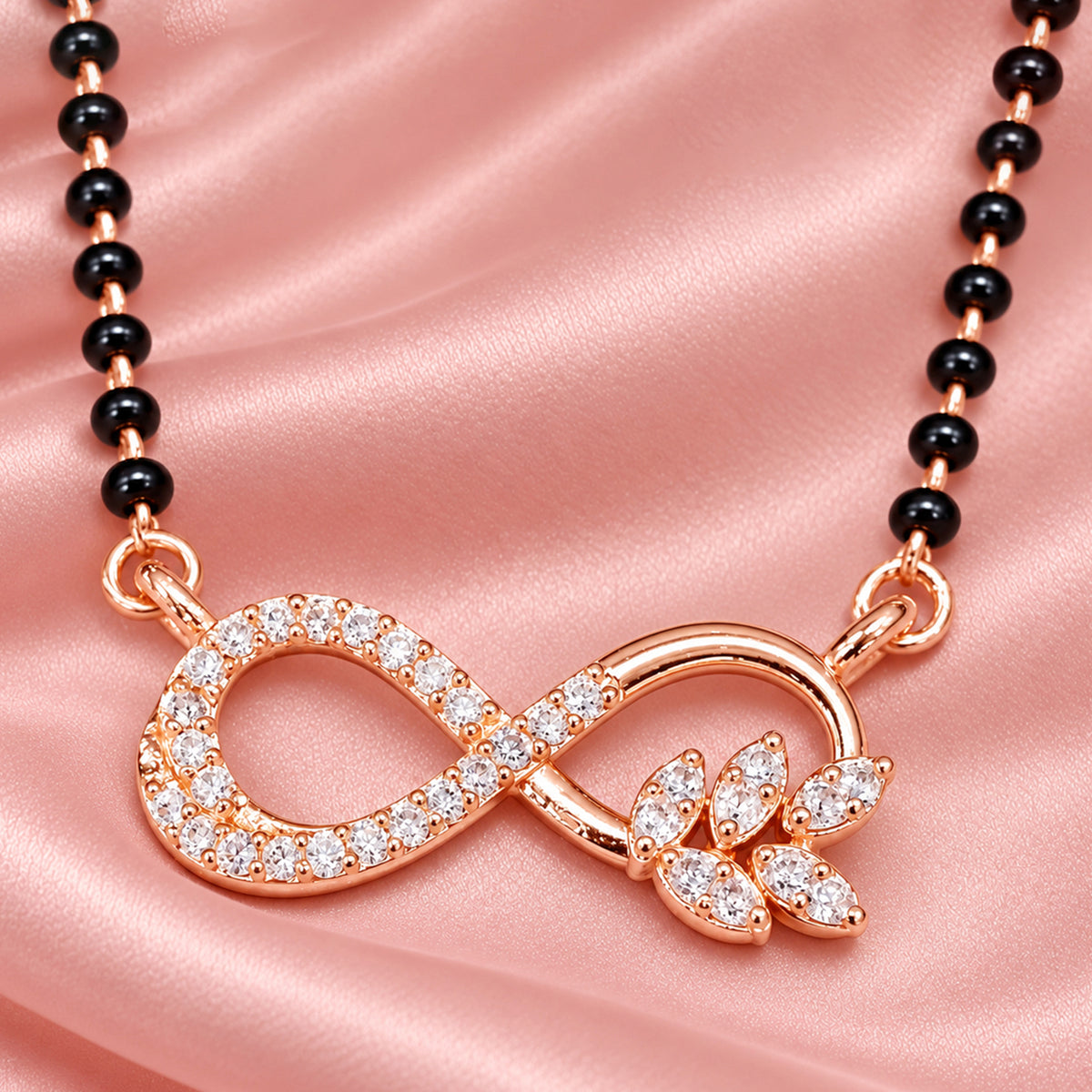 Artklim Elegant Rose Gold-Plated Infinity Pendant Mangalsutra with Black Beads for Women