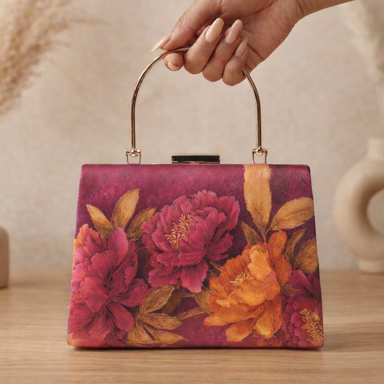 Artklim Printed Burgundy Floral Sequin Clutch with Hand Embroidery
