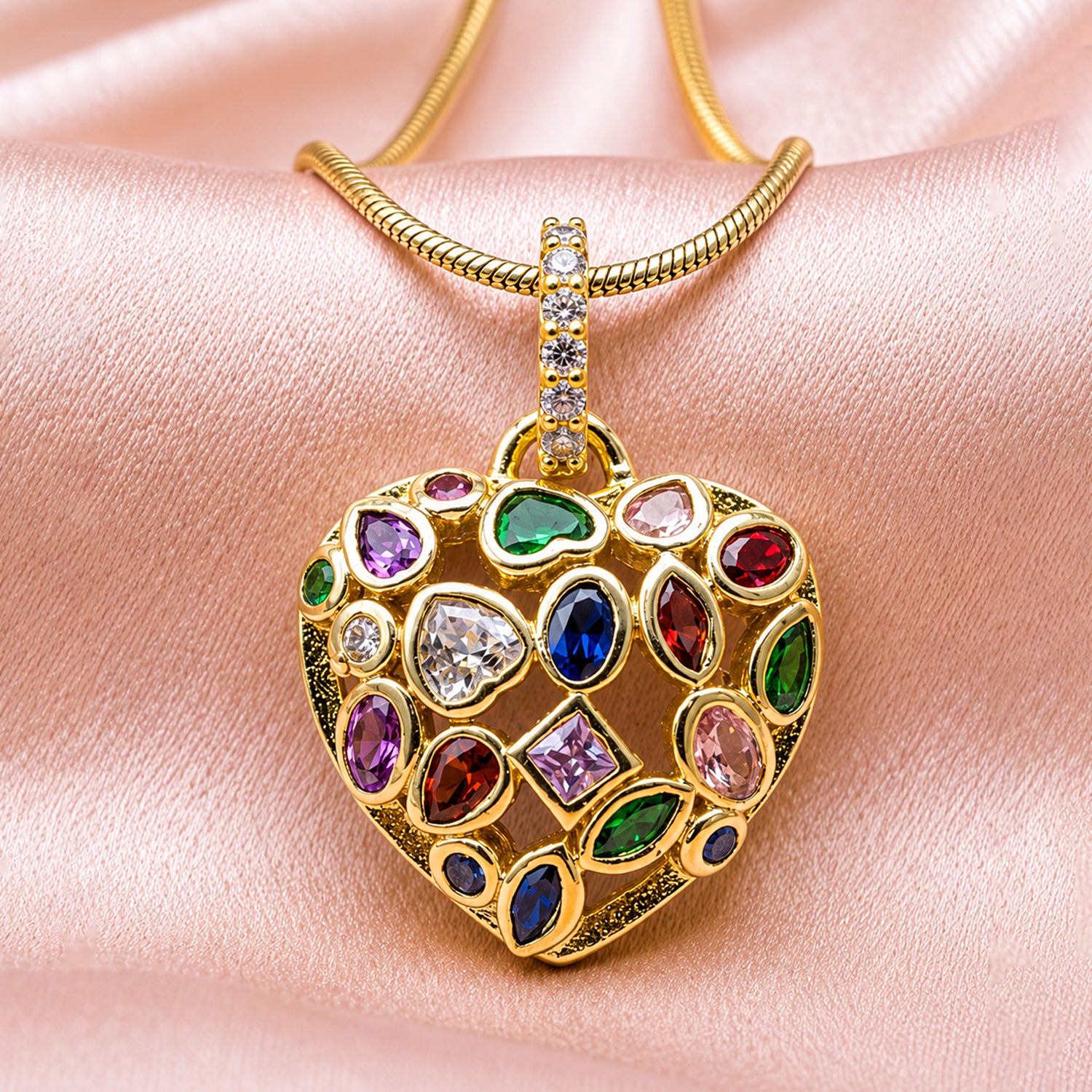 Artklim Rainbow Gem Heart Charm Anti-Tarnish Pendant Necklace