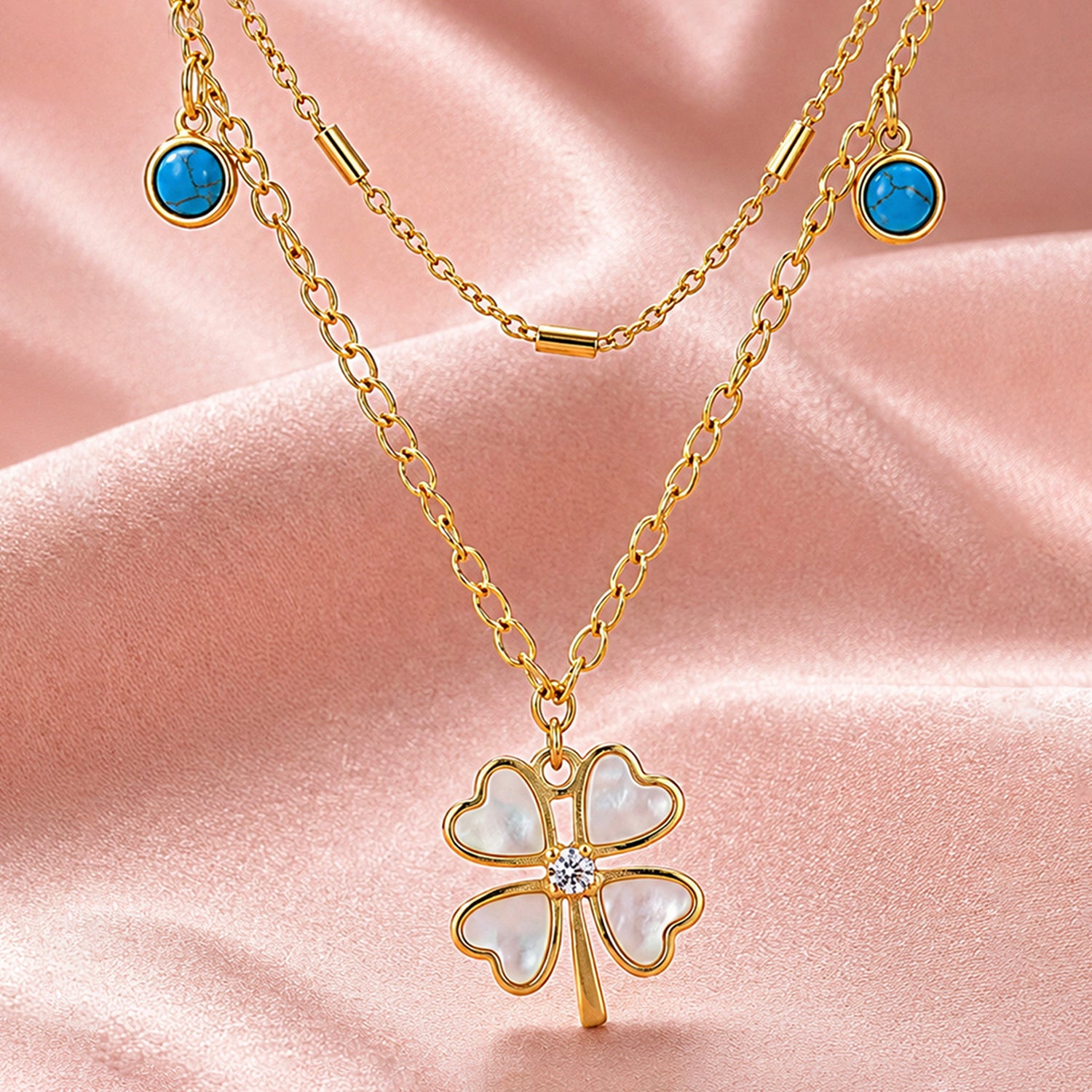 Artklim White Clover & Turquoise Layered Anti-Tarnish Pendant Necklace