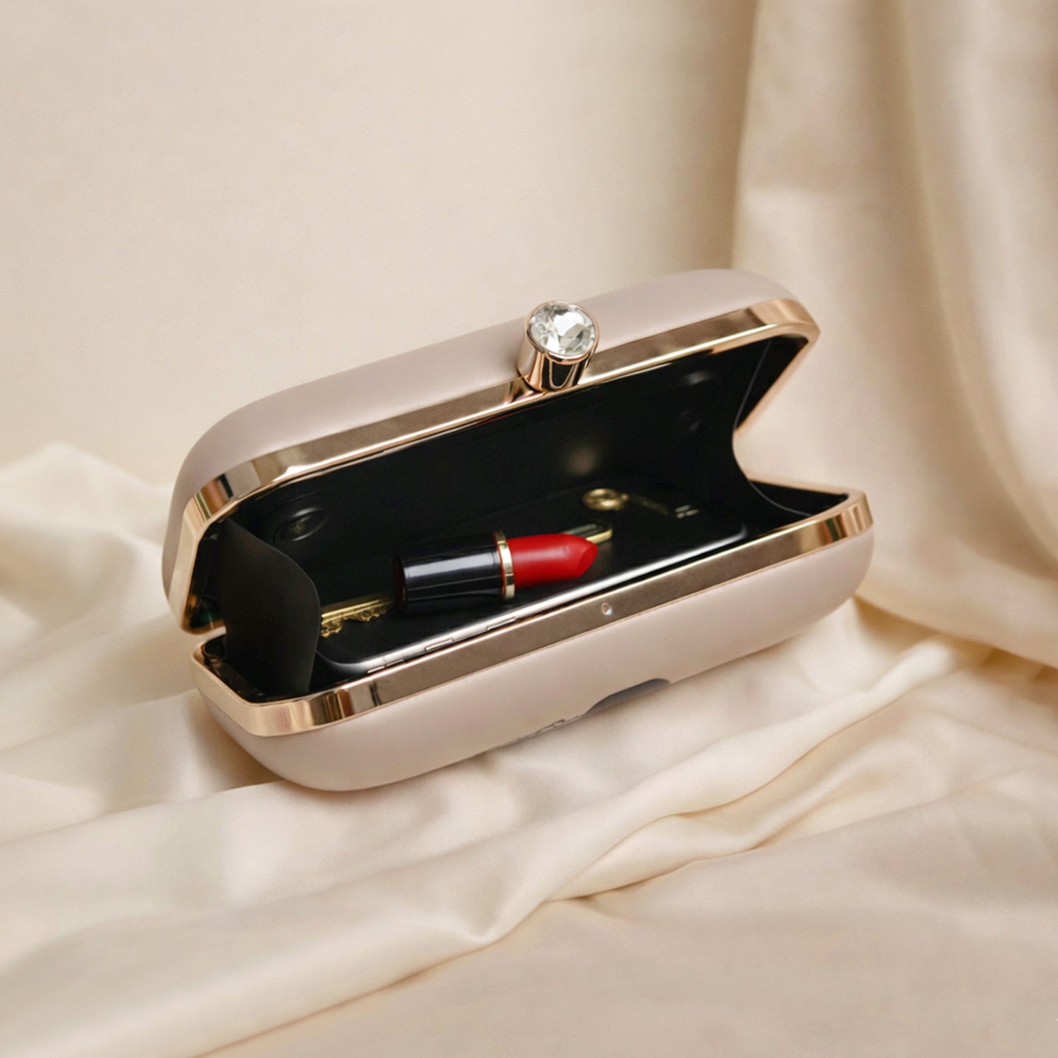 Artklim Beige Based Girl With Red Bow Portrait Printed Clutch