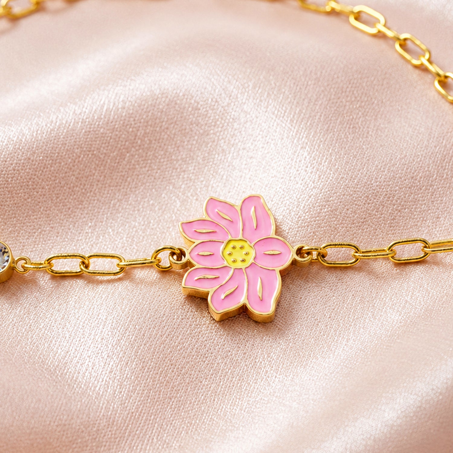 Artklim Pink Floral Crystal Chain Gold-Tone Anti-Tarnish Bracelet