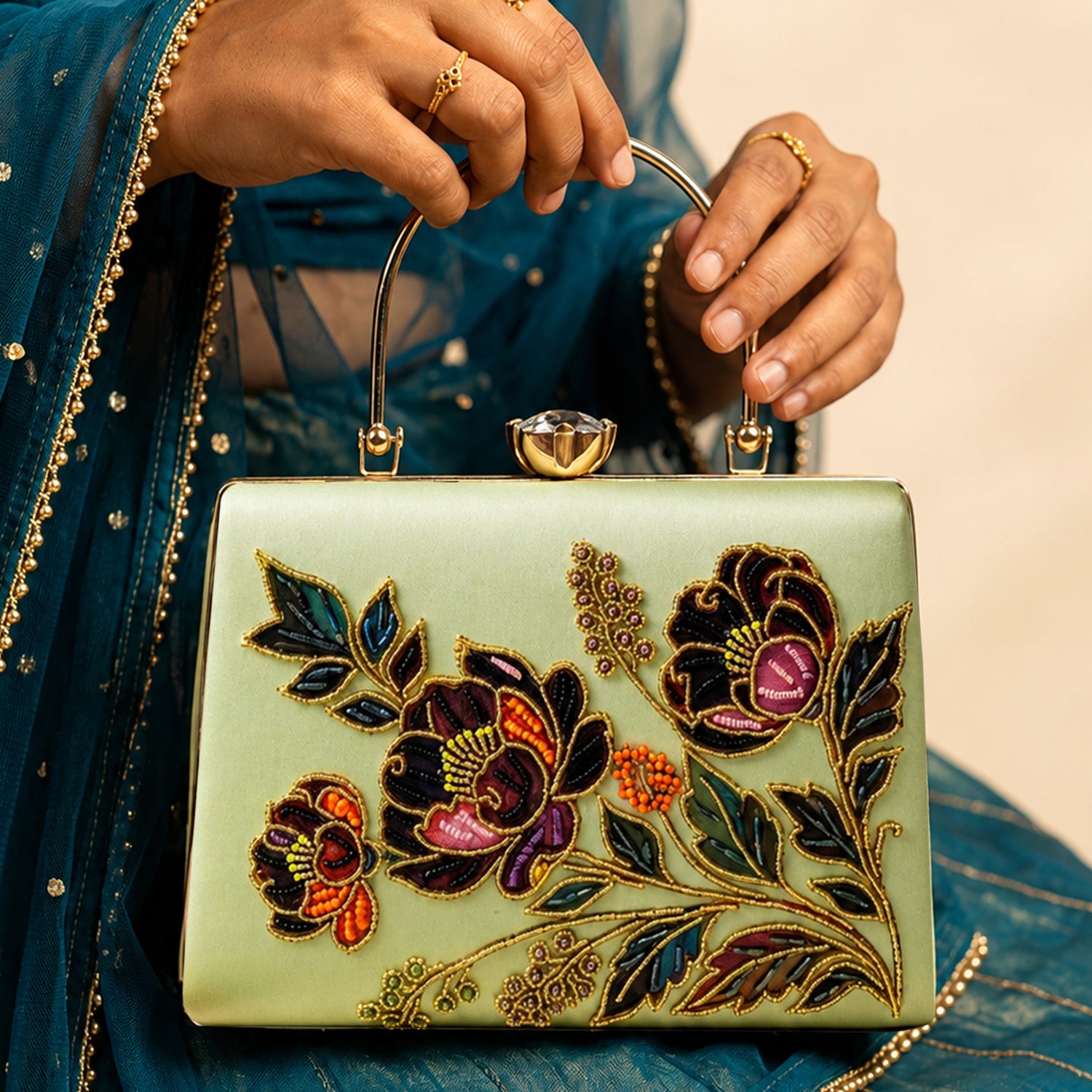 Artklim Green Floral Embroidered Designer Clutch