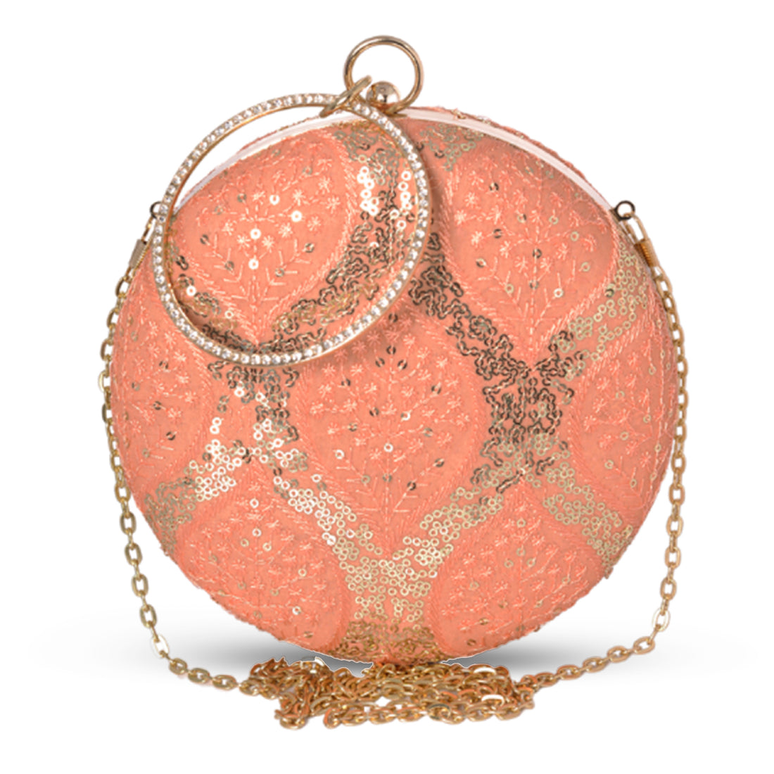 Artklim Peach Based Sequins And Threadwork Embroidery Clutch