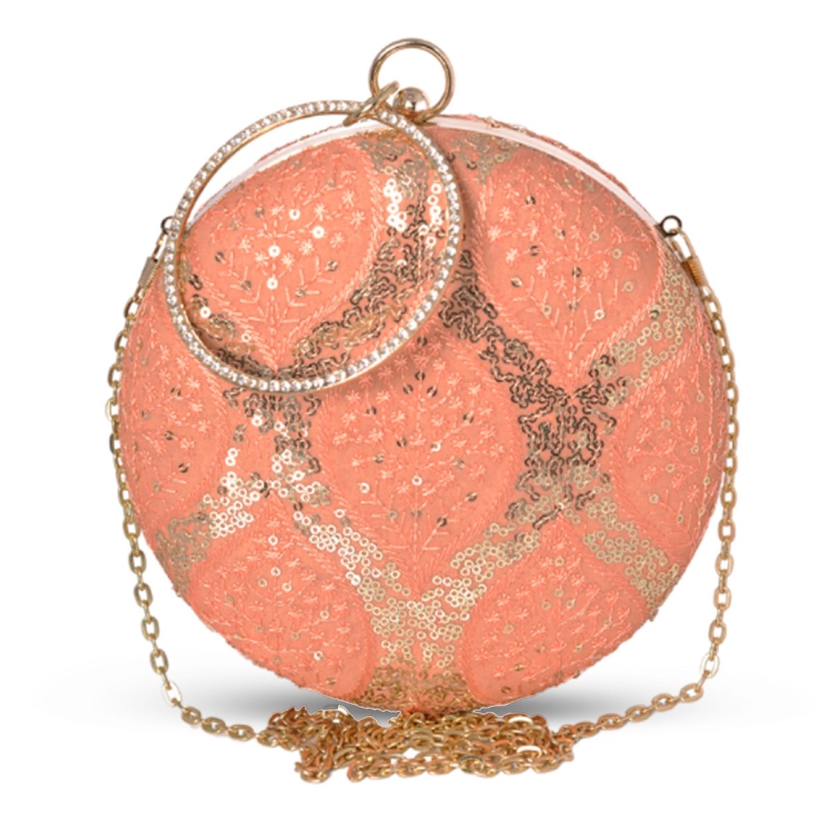 Artklim Peach Base Sequins And Threadwork Embroidery Clutch