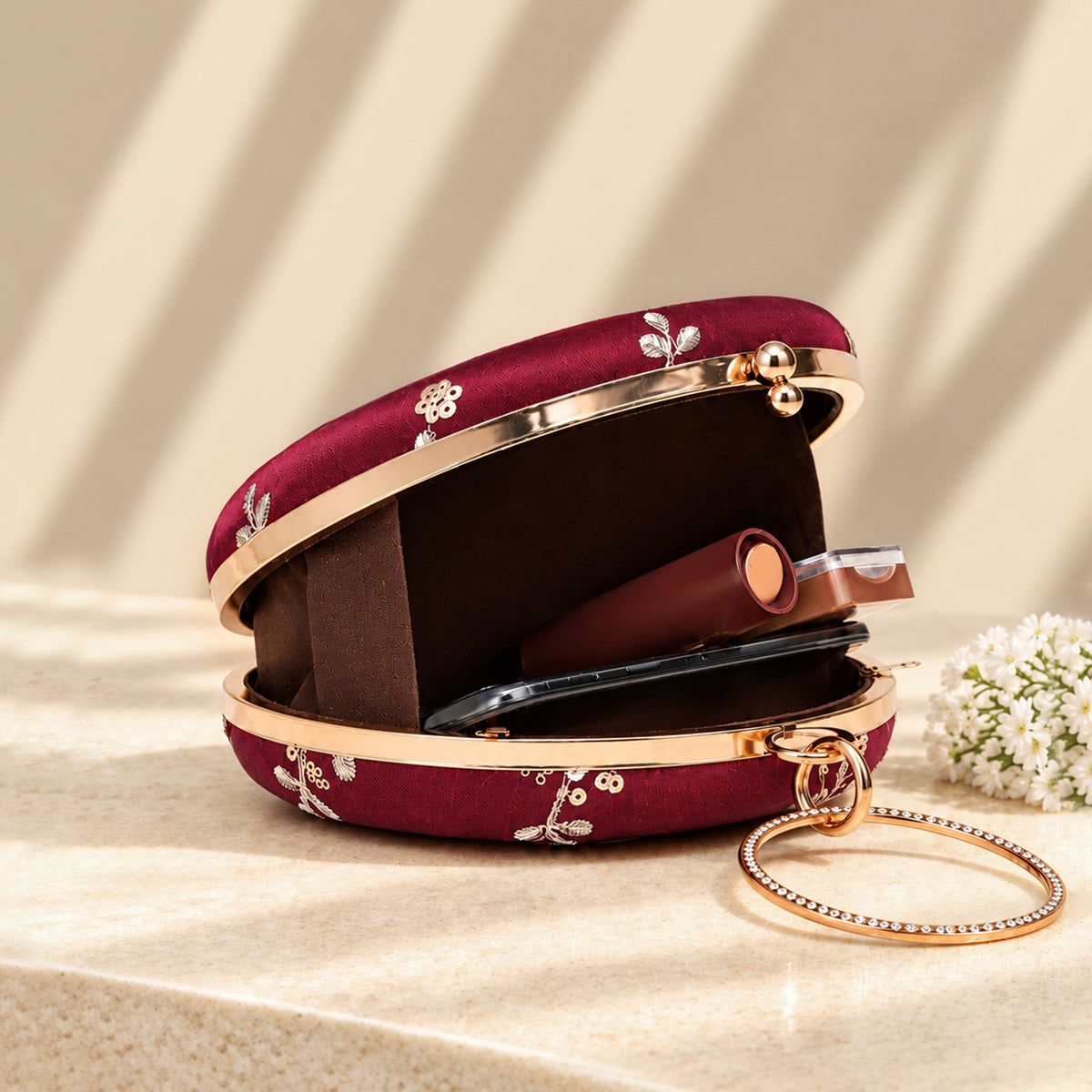 Artklim Elegant Maroon Floral Embroidered Round Clutch Bag with Golden Crystal Ring Handle