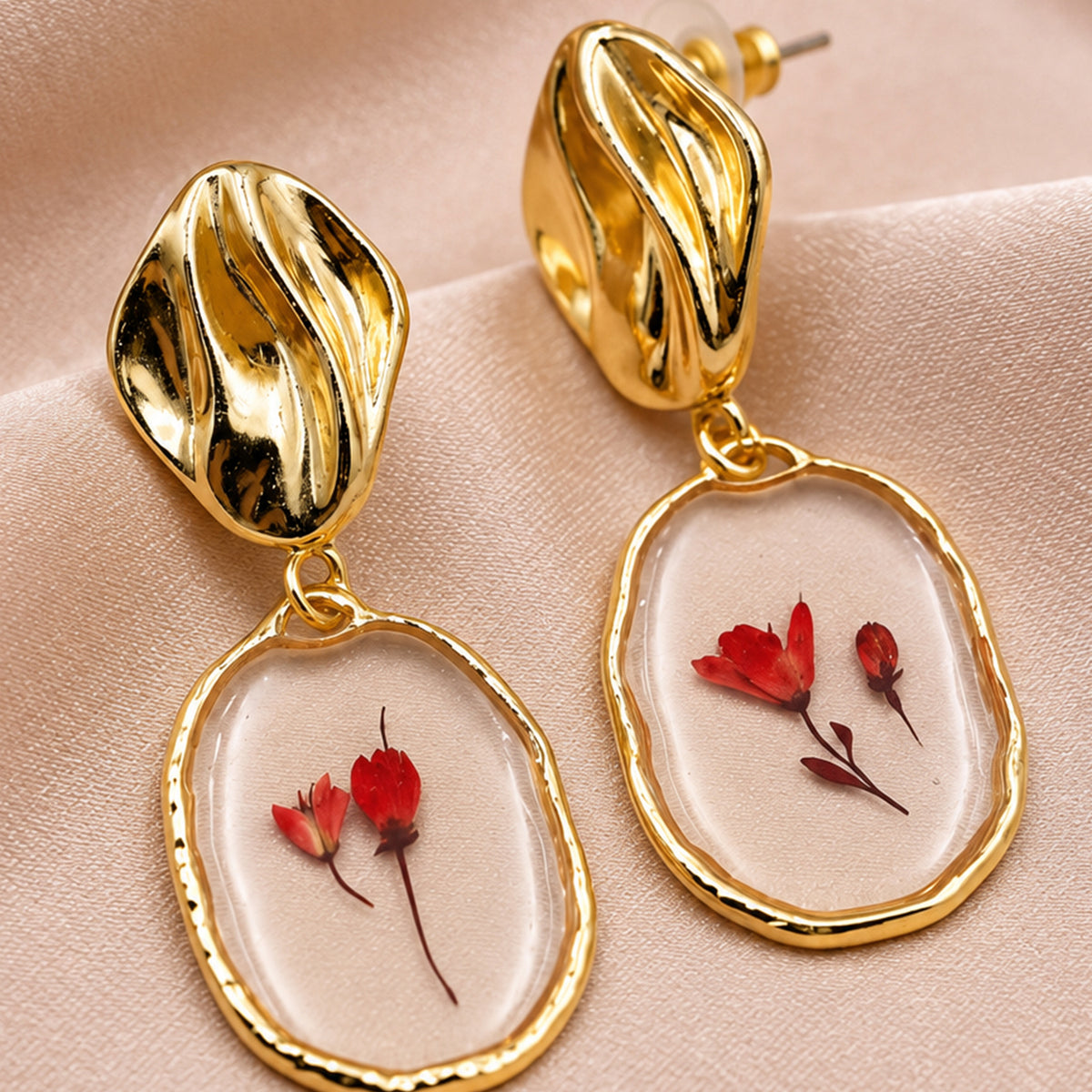Artklim Elegant Red Floral Gold-Tone Anti-Tarnish Earring