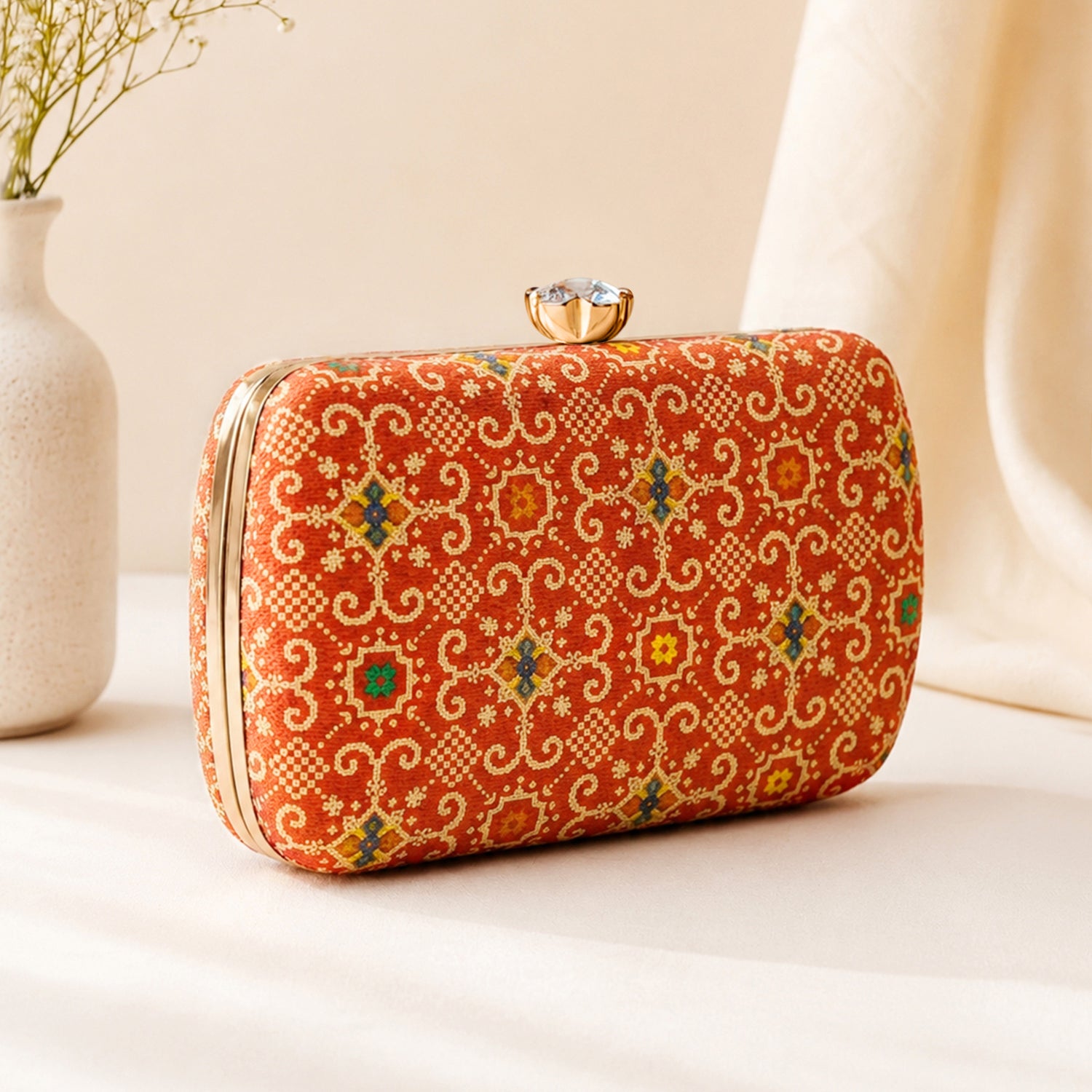Artklim Rust Orange Ethnic Geometric Pattern Chain Strap Printed Clutch