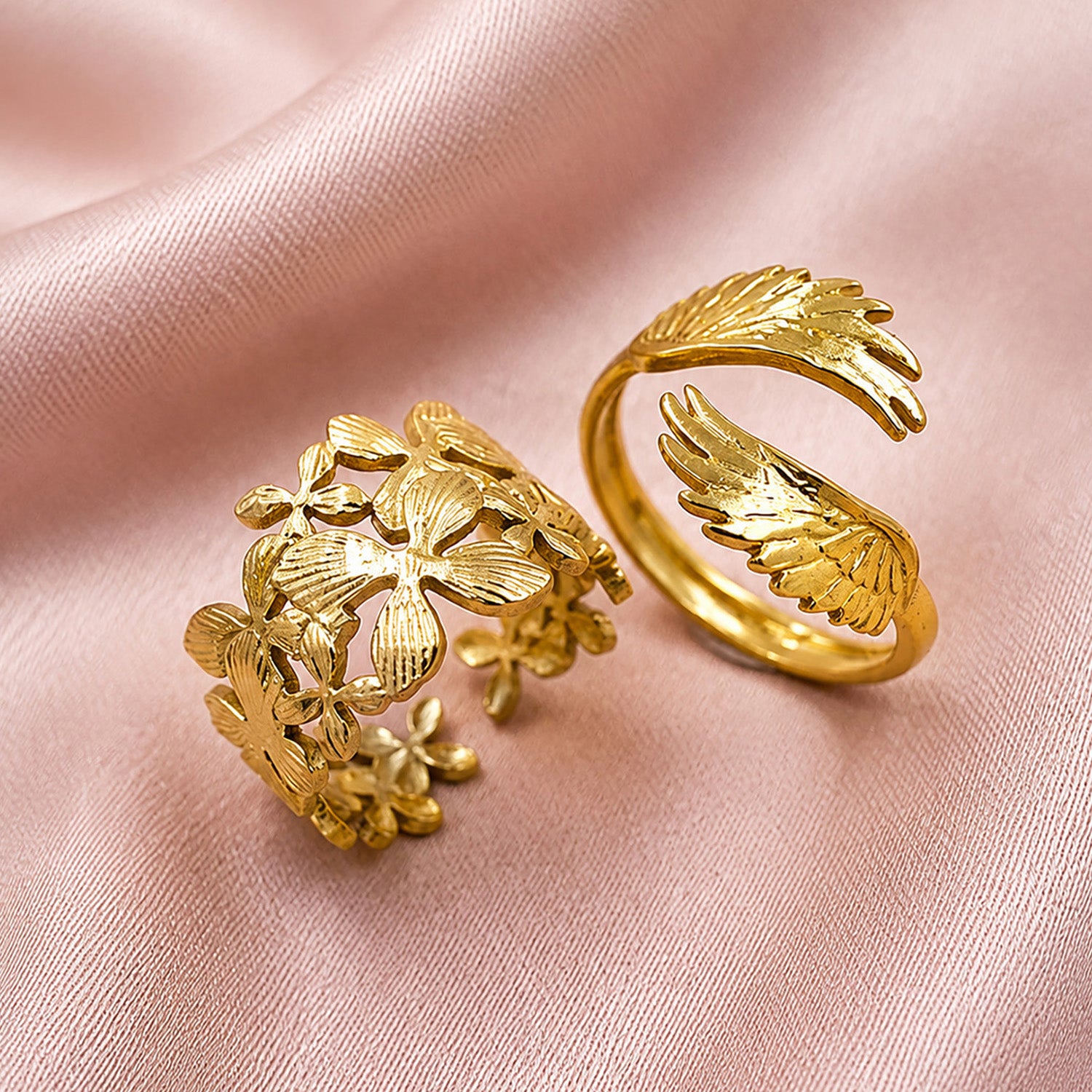 Artklim Floral Bloom & Wing Pair Ring Set Adjustable Anti-Tarnish Ring