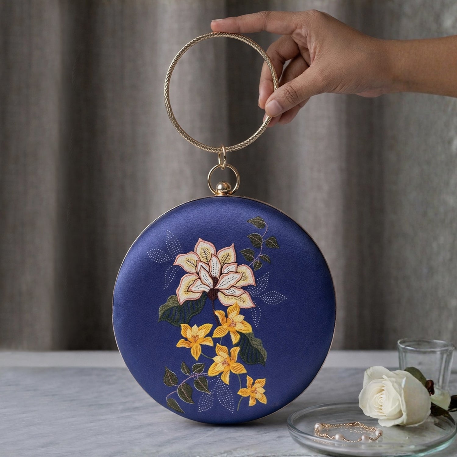 Artklim Printed Navy Blue Round Floral Clutch with Hand Embroidery