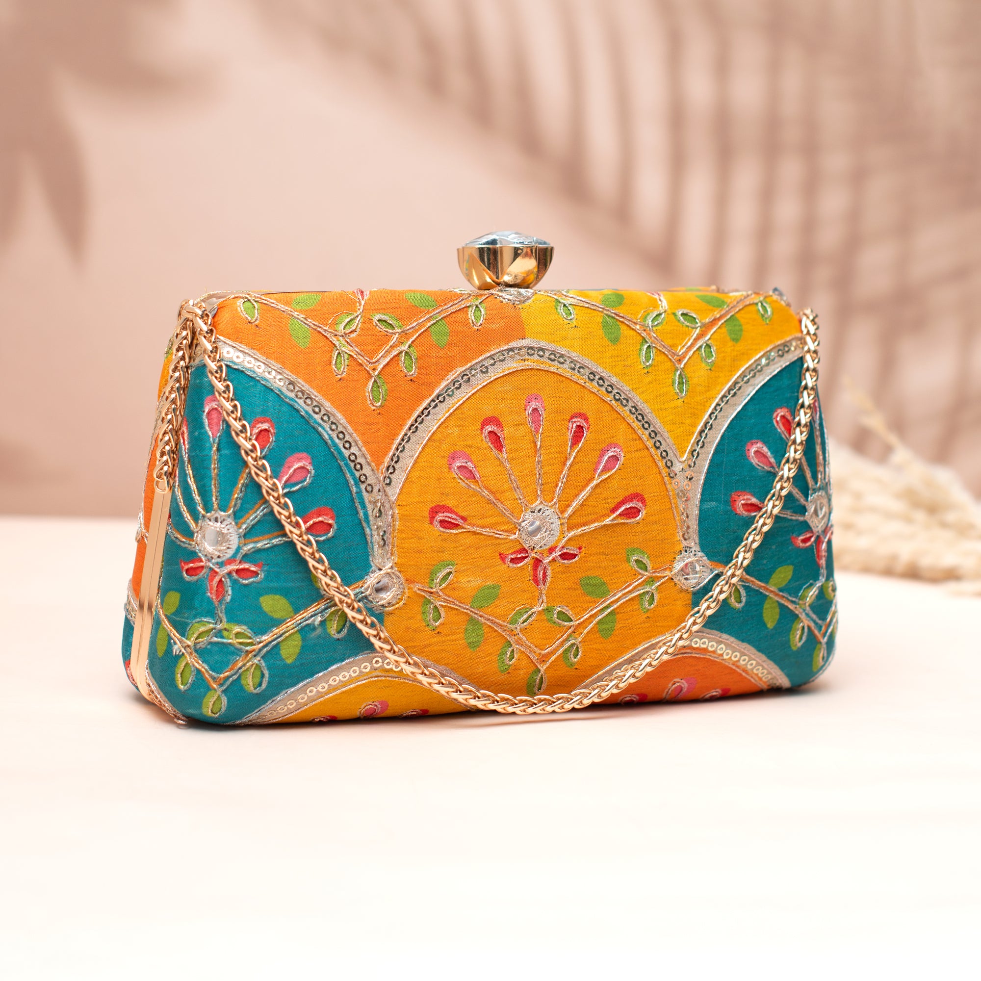 Artklim Yellow–Teal Floral Arch Clutch