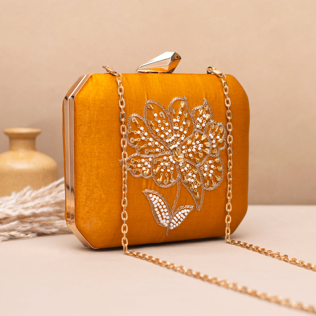 Artklim Classic Yellow Floral  Embroidered Clutch