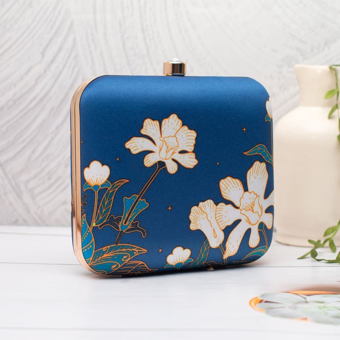 Artklim Blue with White Floral Outline Portrait Clutch