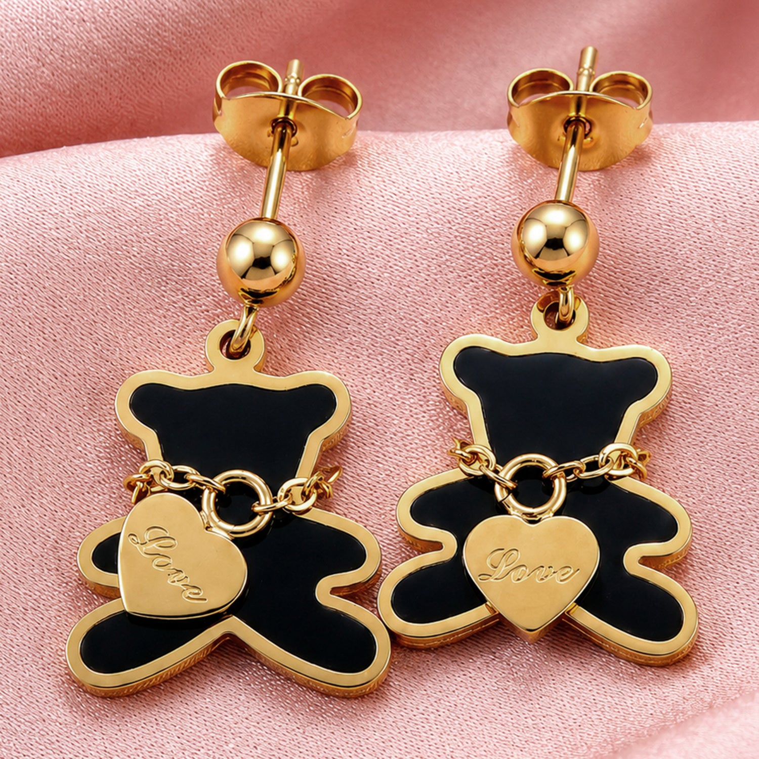 Artklim Black Teddy Heart Charm Drop Anti-Tarnish Earring