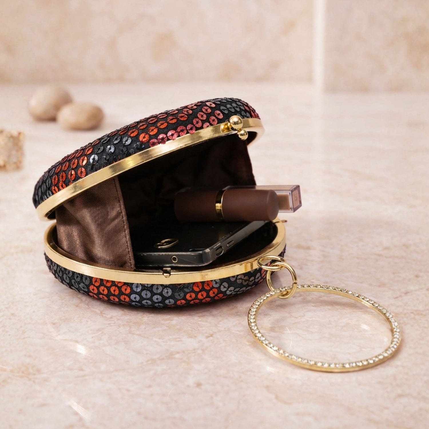 Artklim Glam Noir Red Sequin Pattern Embroidery Clutch