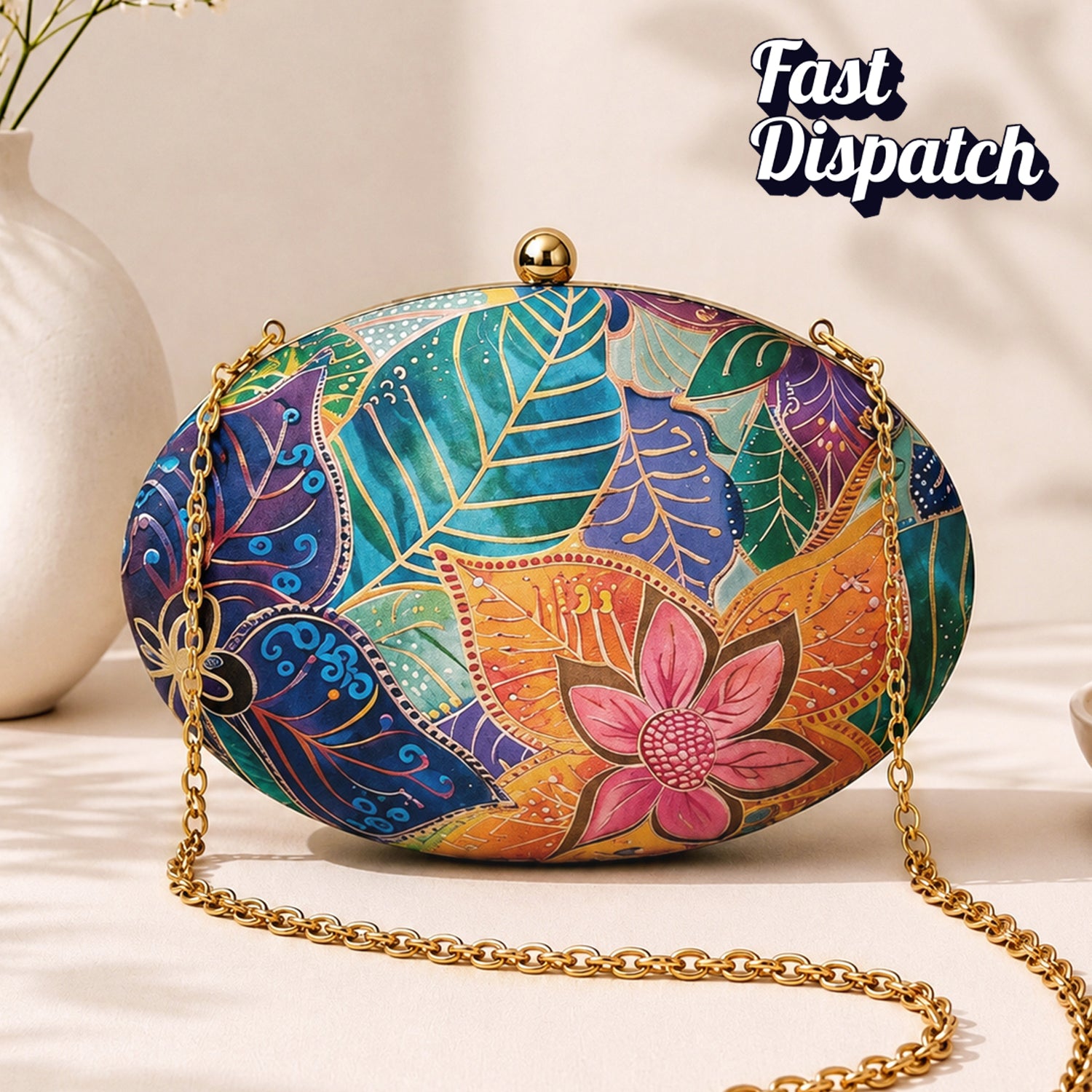 Multicolor Batik Floral Print Oval Clutch