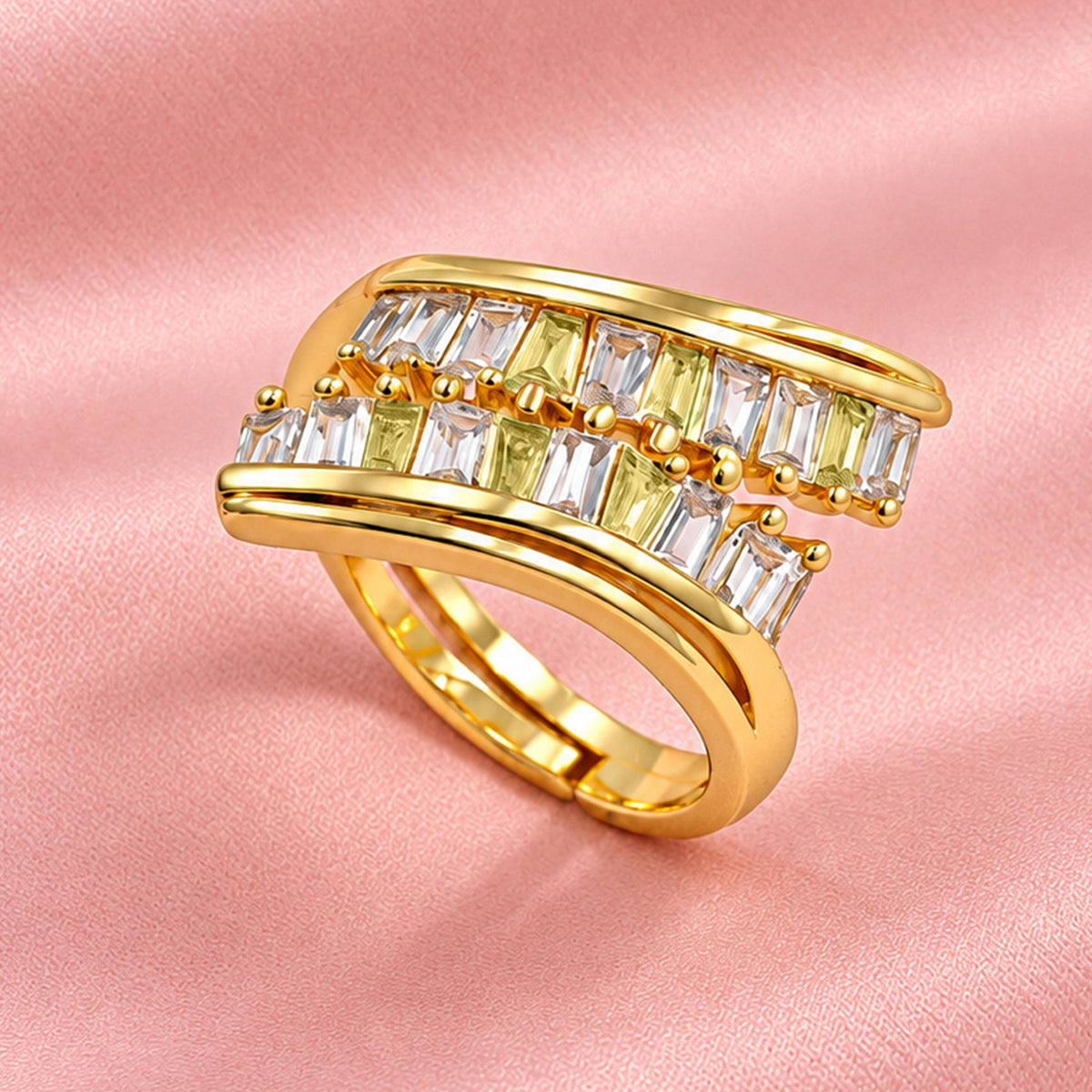 Artklim Elegant Double Row Baguette Crystal Gold-Tone Anti-Tarnish Ring