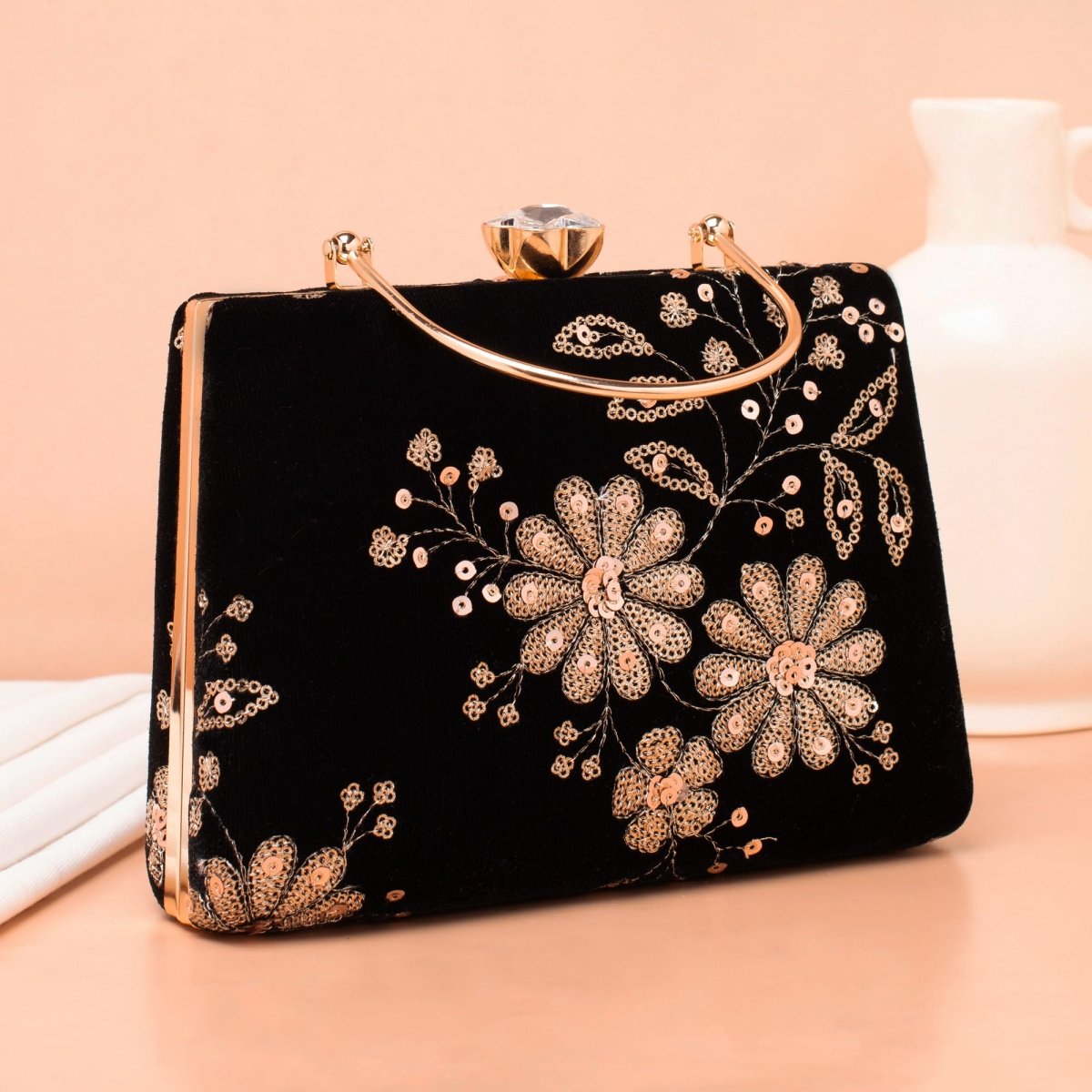 Artklim Black Base Floral Sequins Embroidery Ethnic Clutch