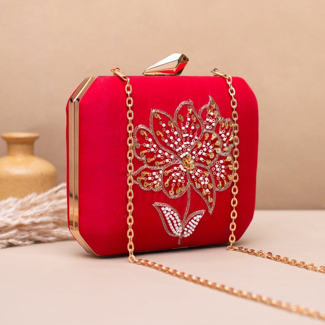 Artklim Classic Red Floral Embroidered Clutch