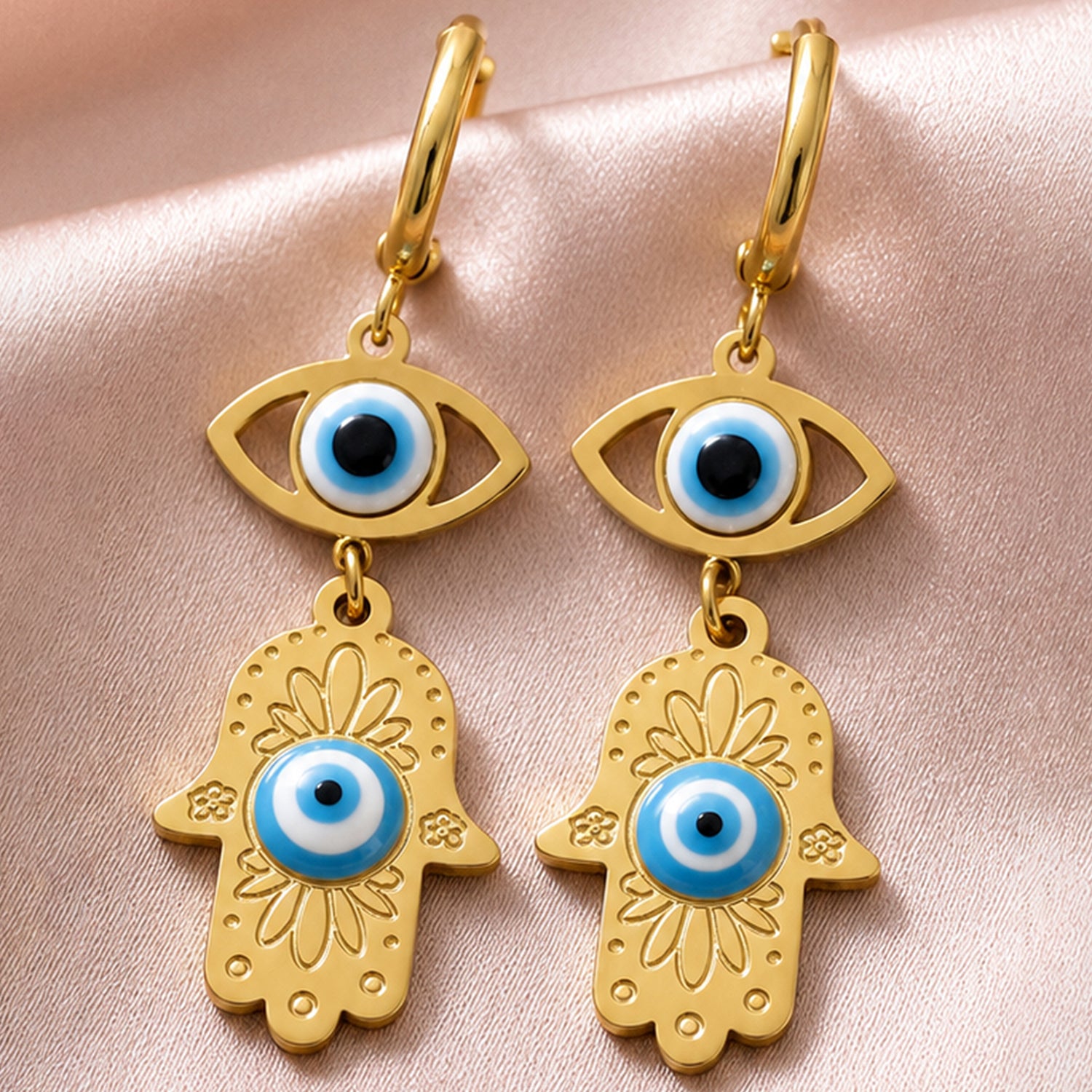 Artklim Evil Eye Hamsa Hand Hoop Anti-Tarnish Earring