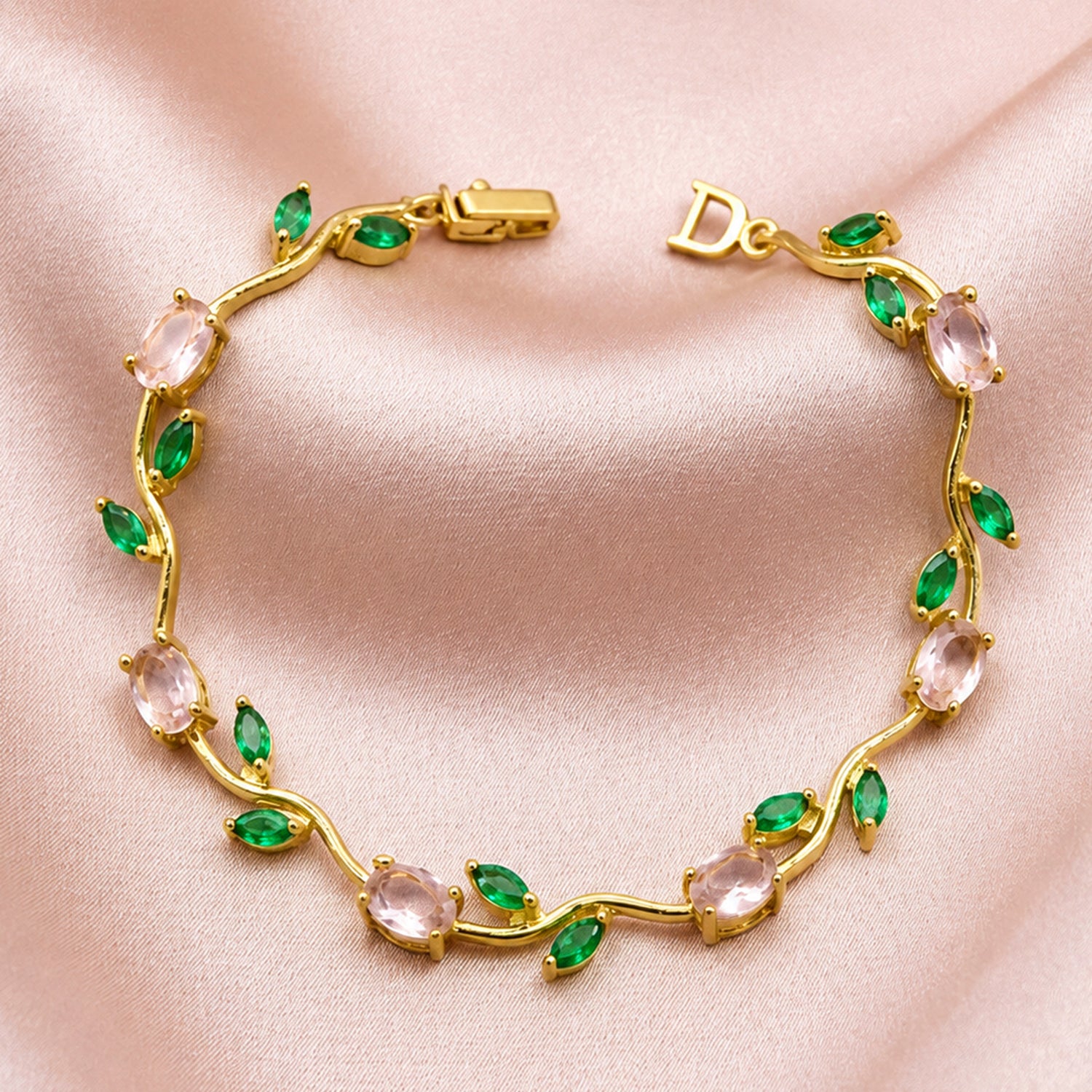 Artklim Floral Vine Green Crystal Gold Anti-Tarnish Bracelet
