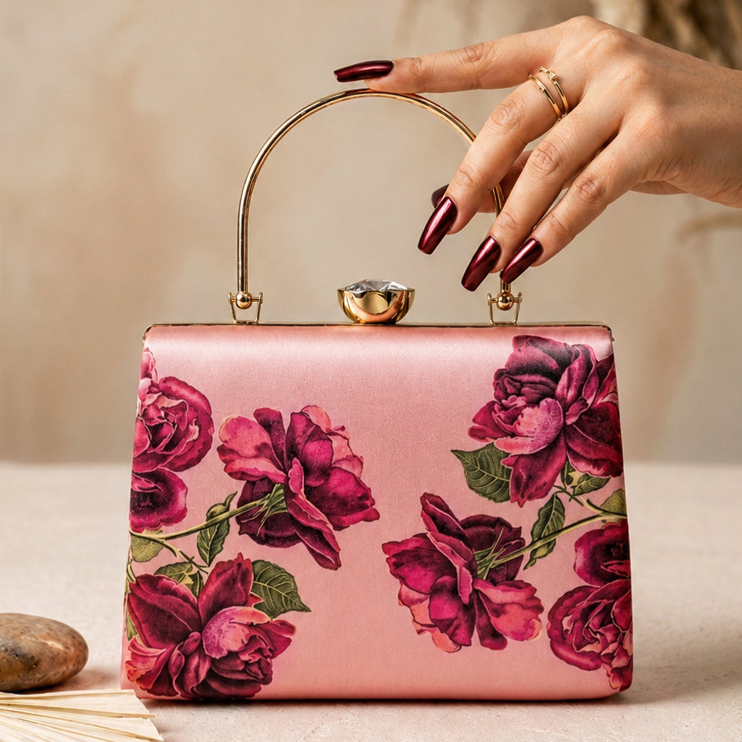 Artklim Pink Rose Embroidered Designer Clutch Bag