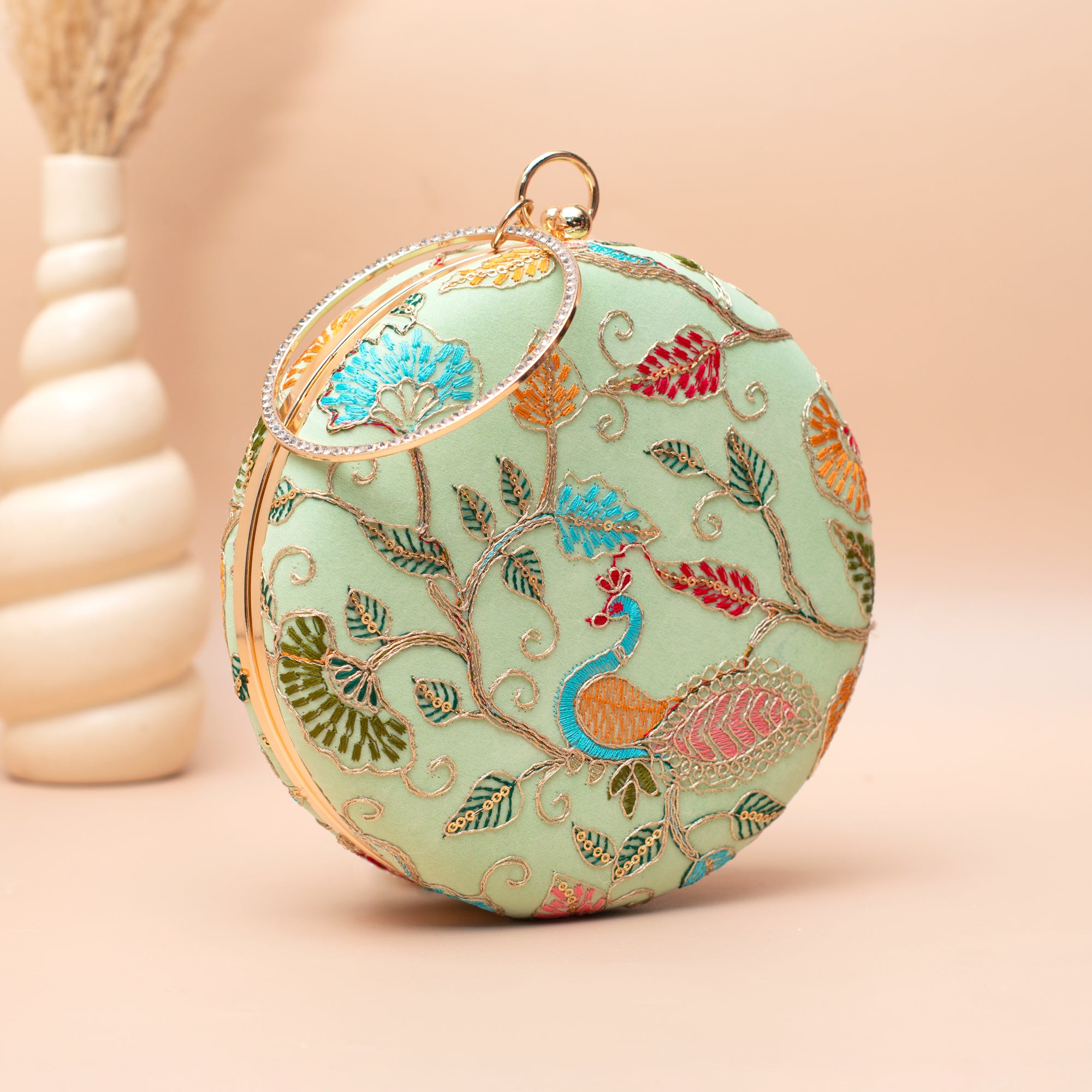 Artklim Mint Green Peacock Embroidered Clutch