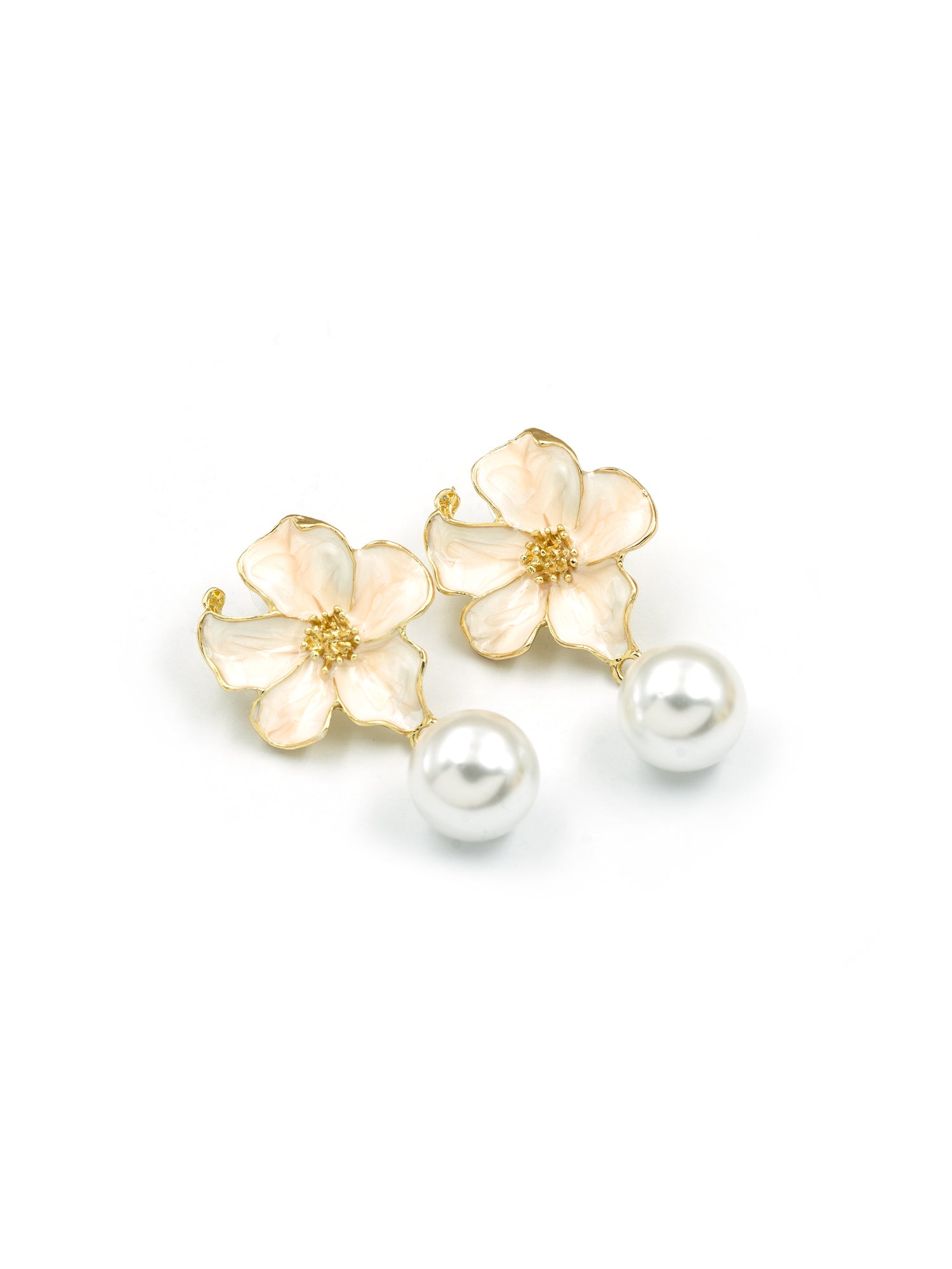 Artklim White Floral Pearl Drop Anti Tarnish Earrings
