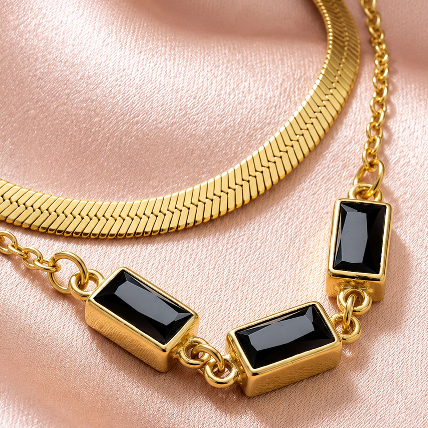 Artklim Black Rectangular Stone Layered Anti-Tarnish Pendant Necklace