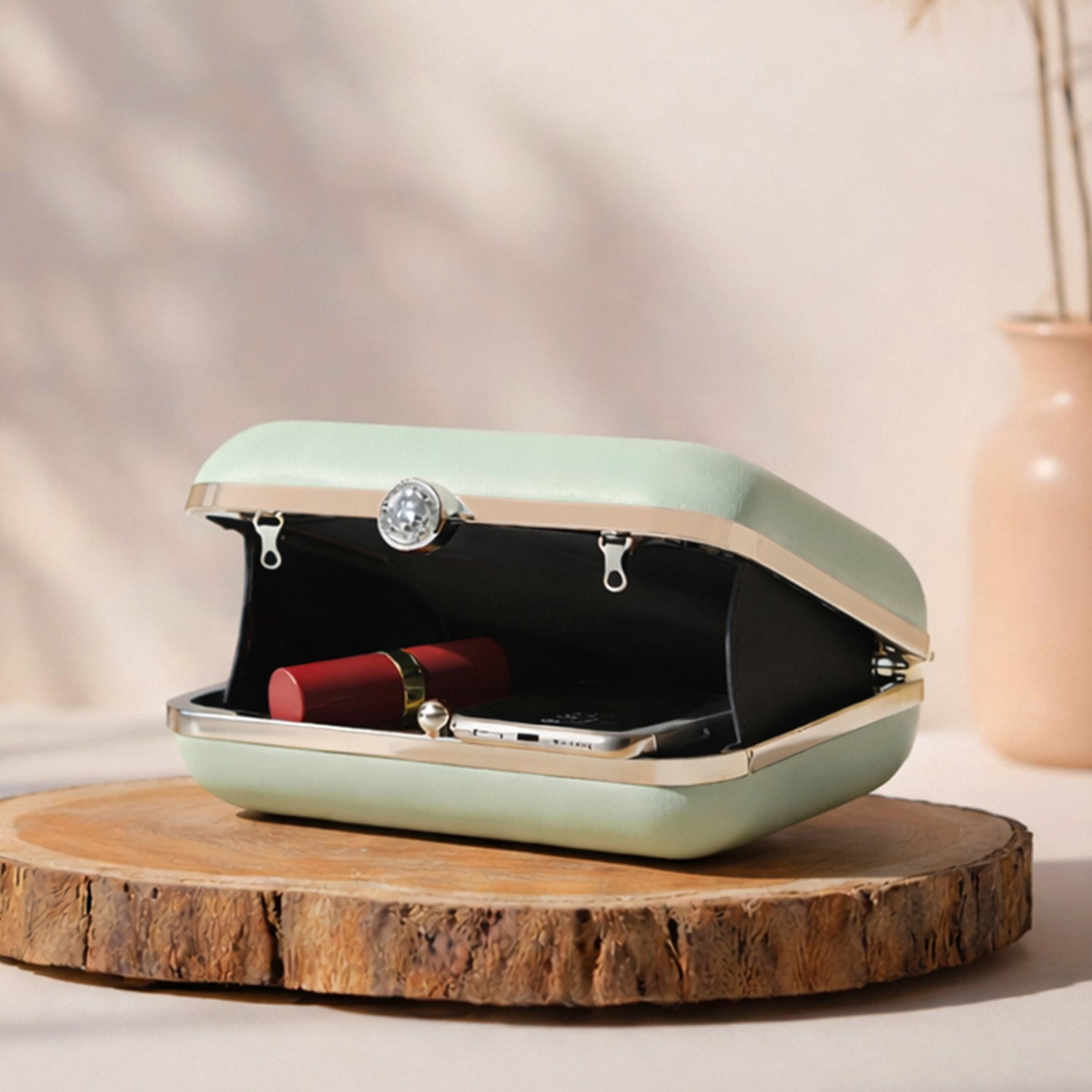 Artklim Pastel Green Based Lotus Lady Printed Clutch