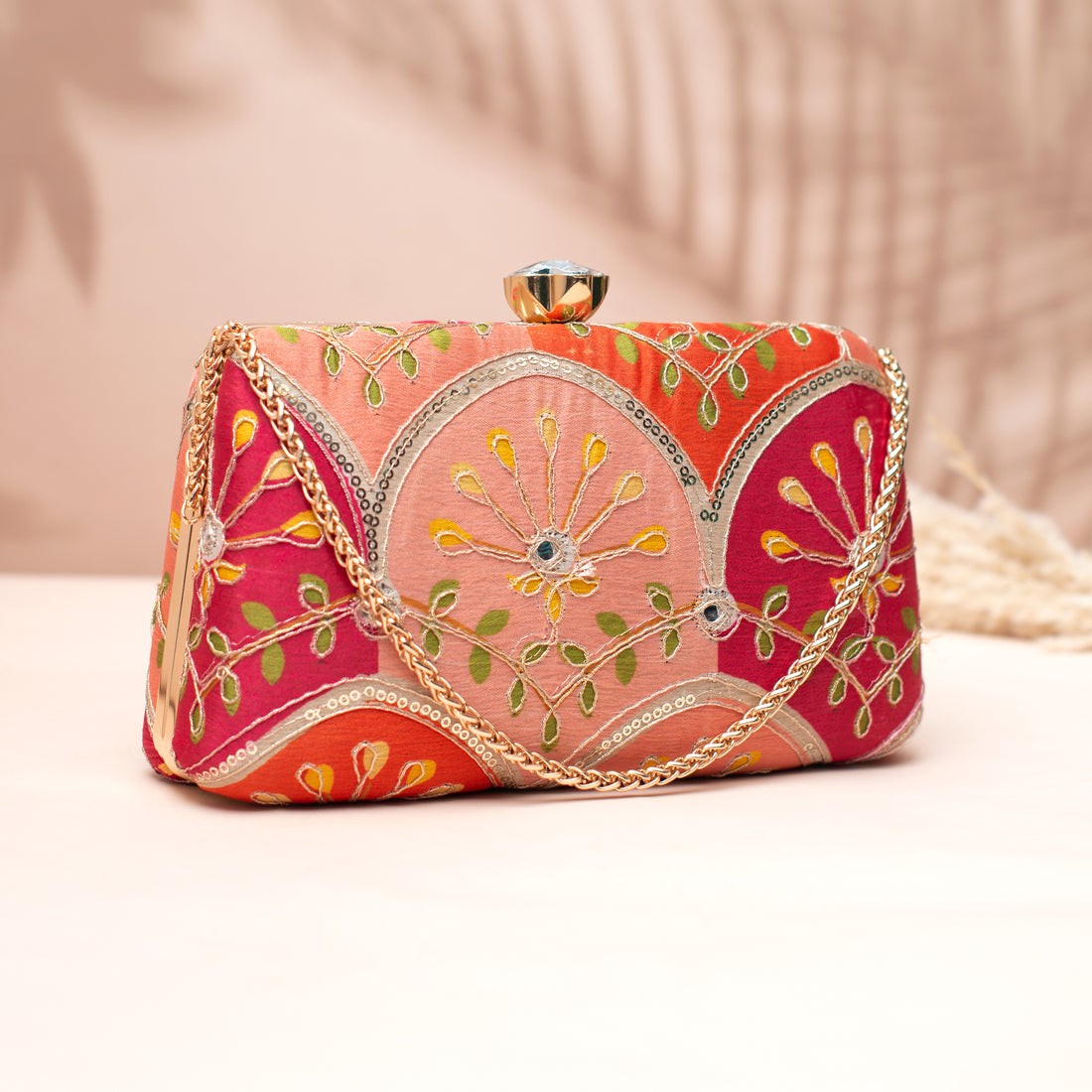 Artklim Pink & Red Embroidered Clutch