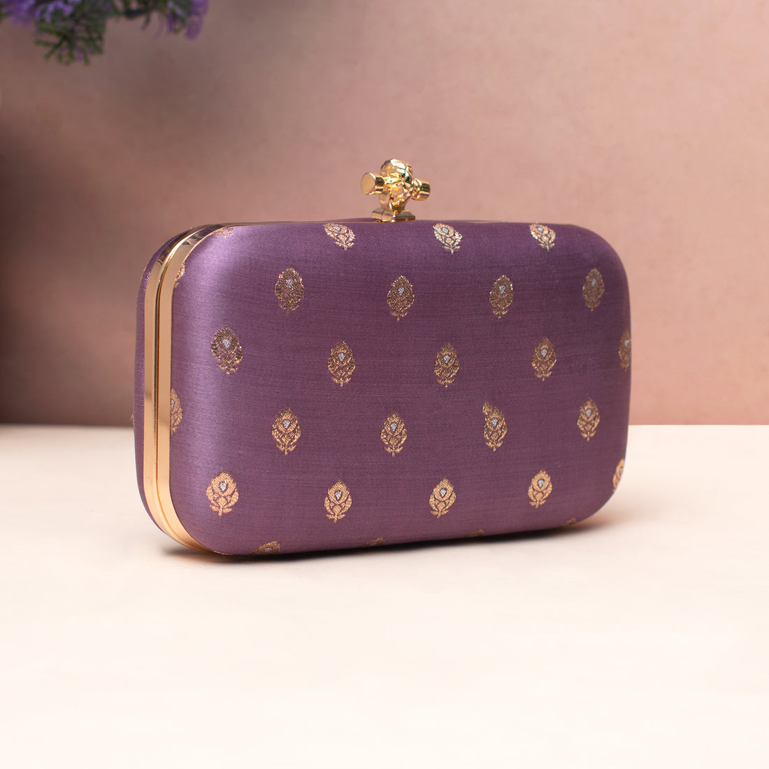 Artklim Lavender Royale Gold-Motif Embroidered Clutch