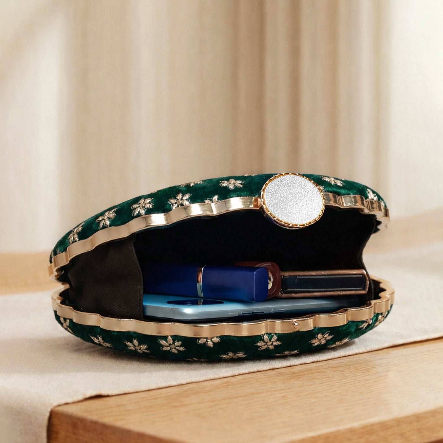 Artklim Green Based Golden Floral Embroidery Clutch