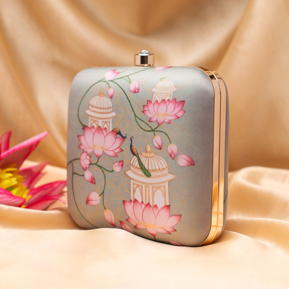 Artklim Lotus And Peacock Printed Clutch